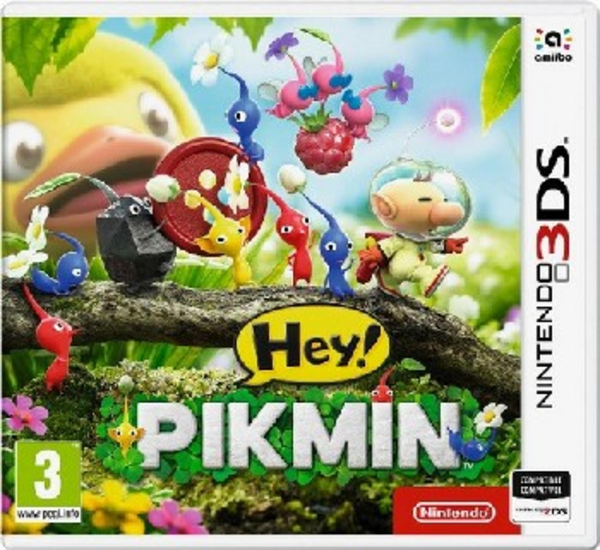 Copertina gioco Nintendo 3DS con personaggi Pikmin e un astronauta su un tronco.