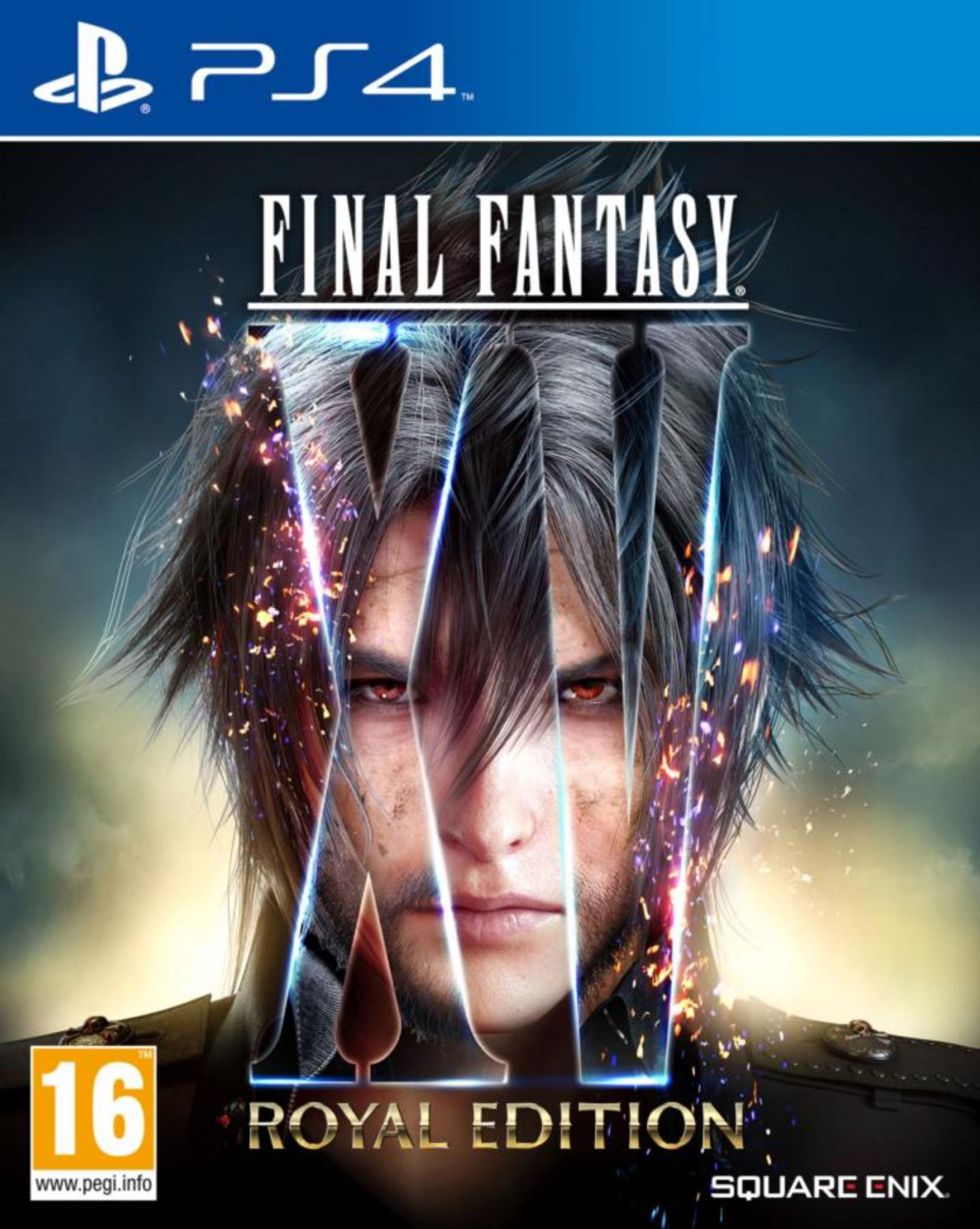 Portada de Final Fantasy XV Royal Edition con un hombre de ojos rojos y efectos de fuego.