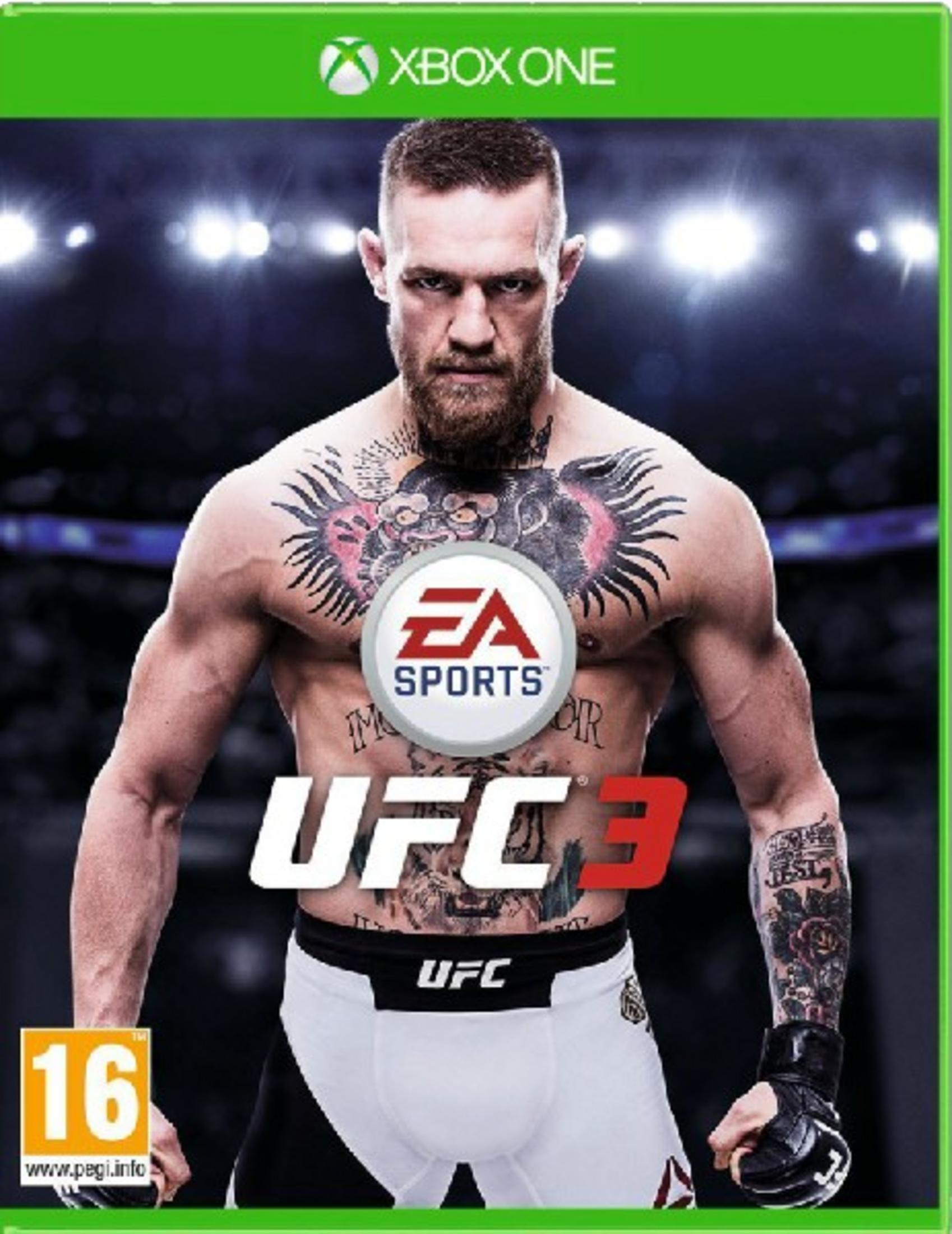 Conor McGregor sulla copertina di UFC 3 per Xbox One, con tatuaggi e logo EA Sports.