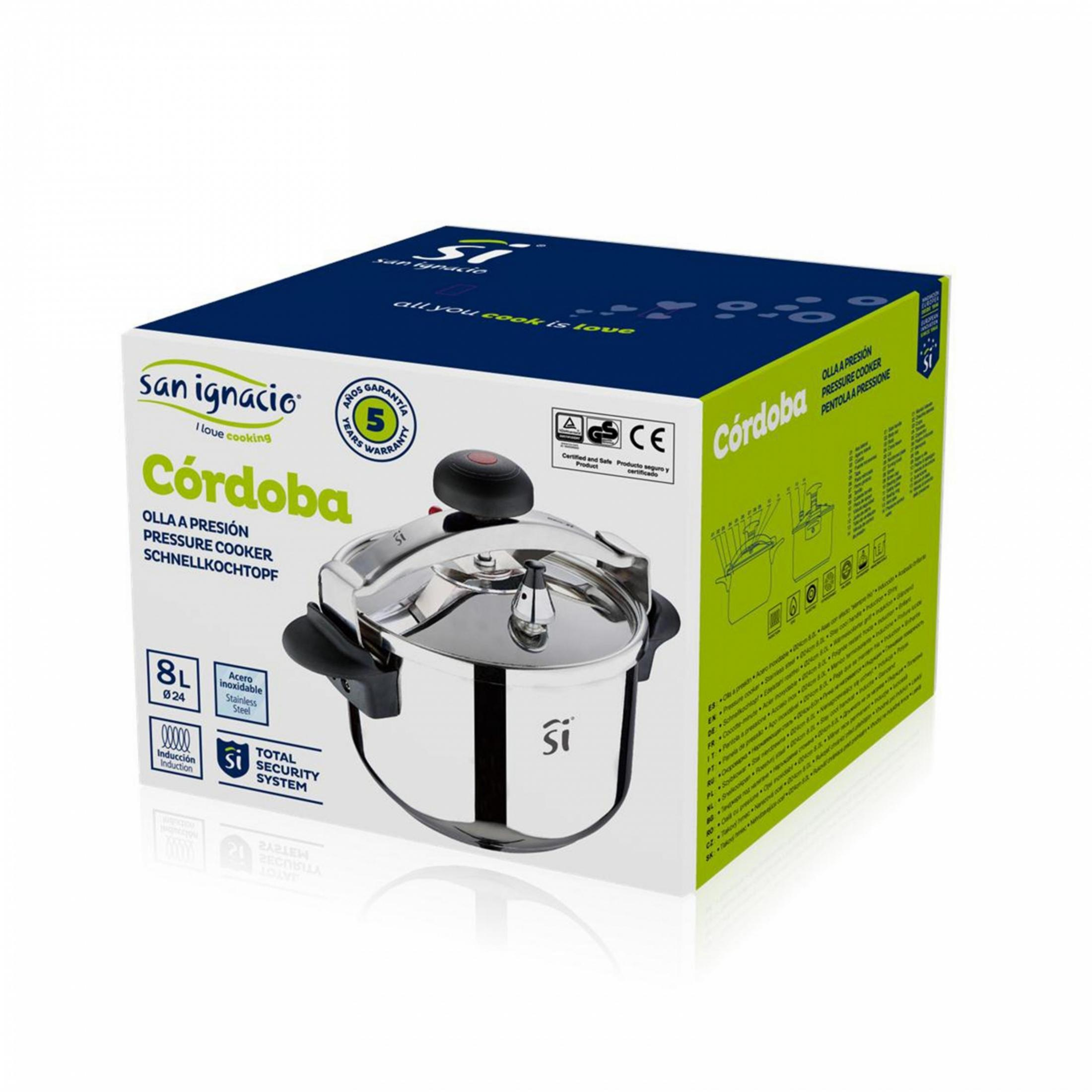 Olla a presión San Ignacio Córdoba 8L de acero inoxidable, apta para inducción.