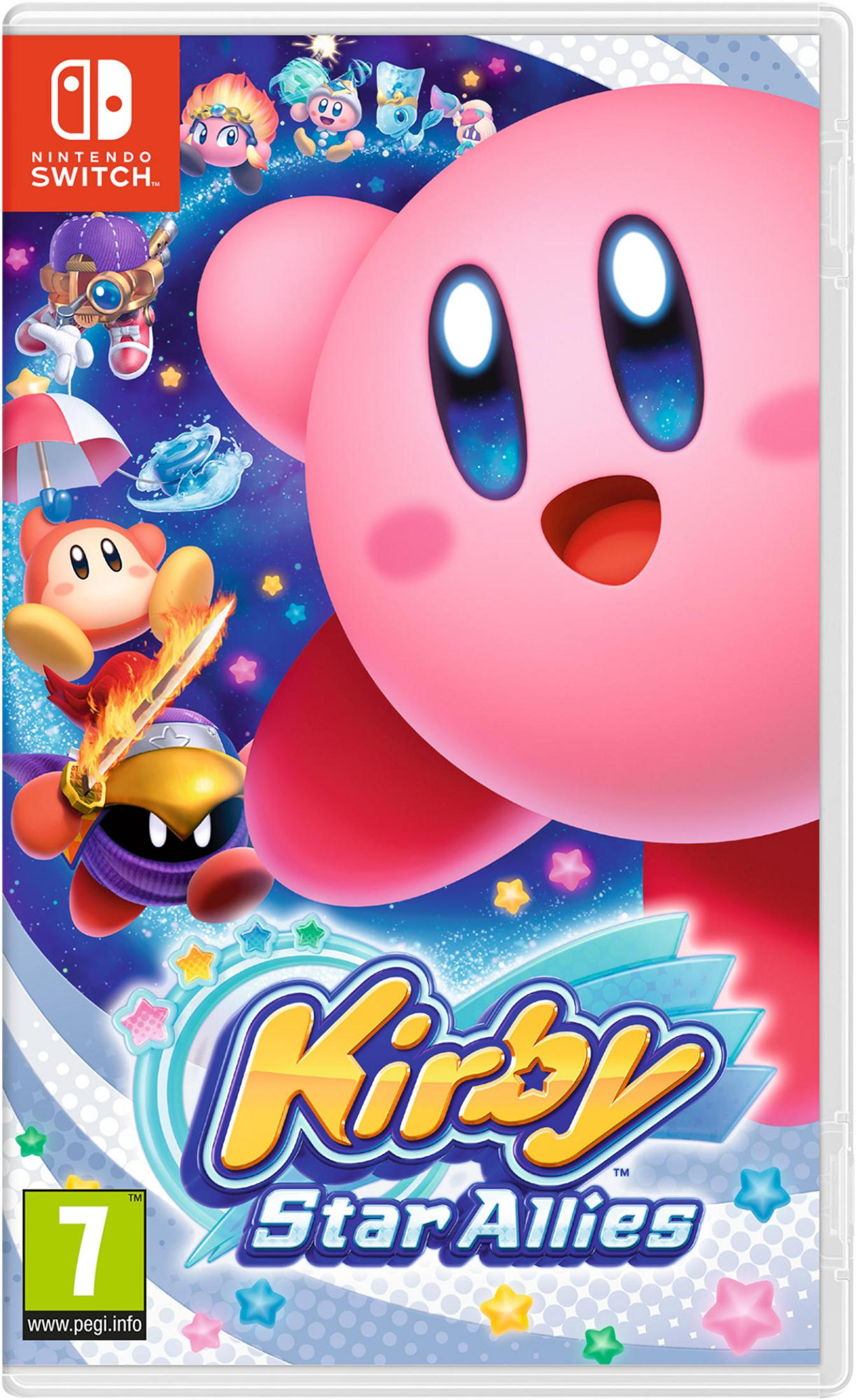 Kirby e amici in Star Allies, con logo Nintendo Switch e classificazione 7.