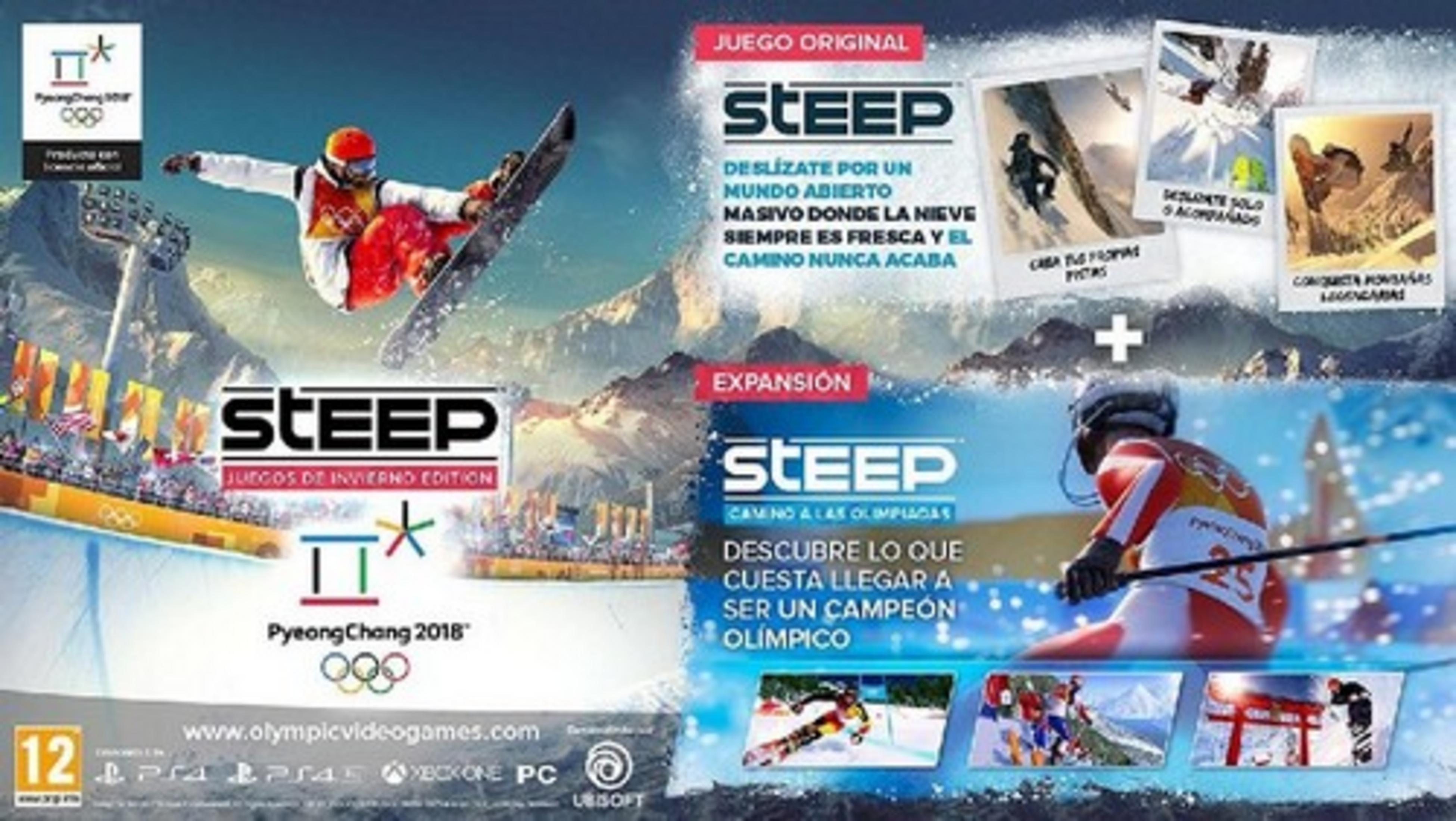 Sportowcy jeżdżący na snowboardzie i nartach na tle ośnieżonych gór, logo PyeongChang 2018.