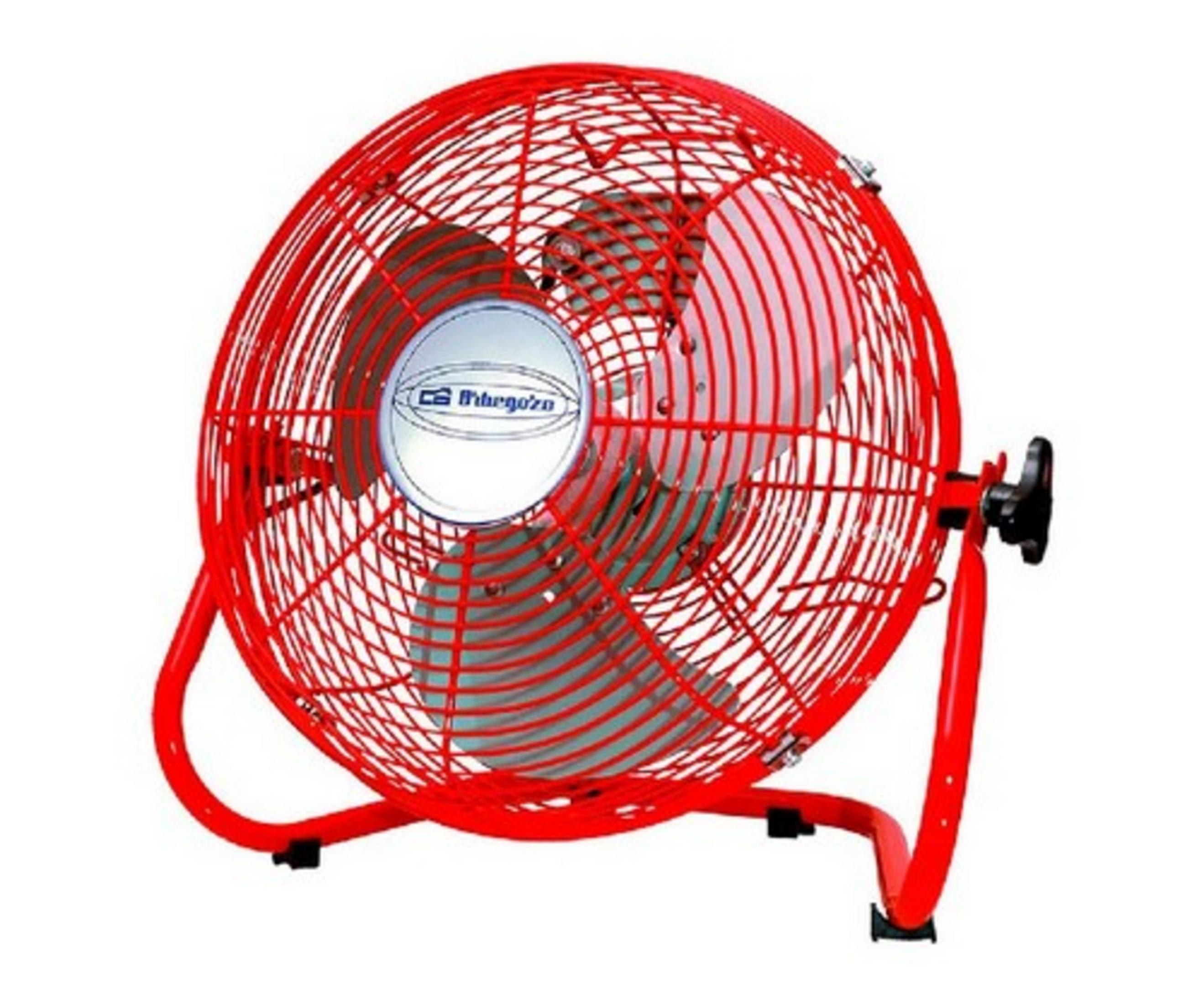Un ventilador de suelo rojo con rejilla metálica y aspas azules.