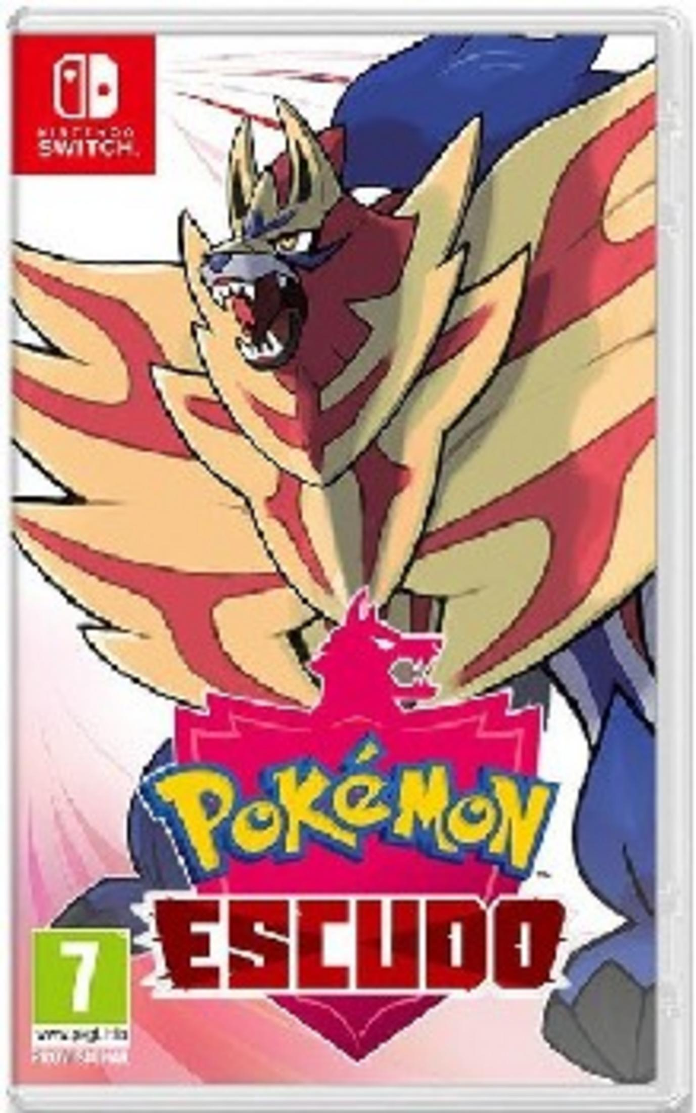 Copertina del gioco Pokémon con Zamazenta e il titolo 'Pokémon Escudo' per Nintendo Switch.
