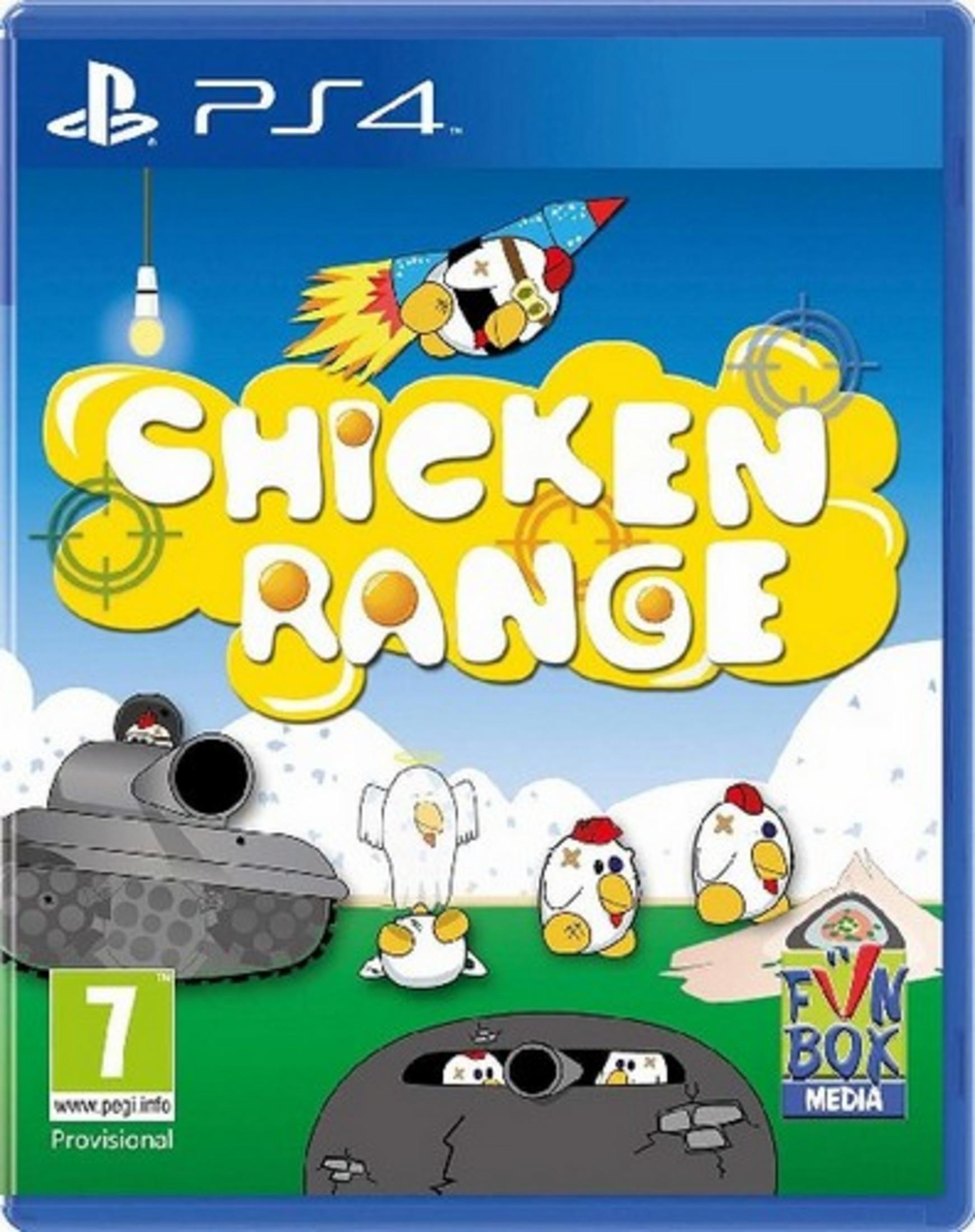 Portada PS4: Chicken Range. Pollos de dibujos, cohete, tanque, diana. PEGI 7.