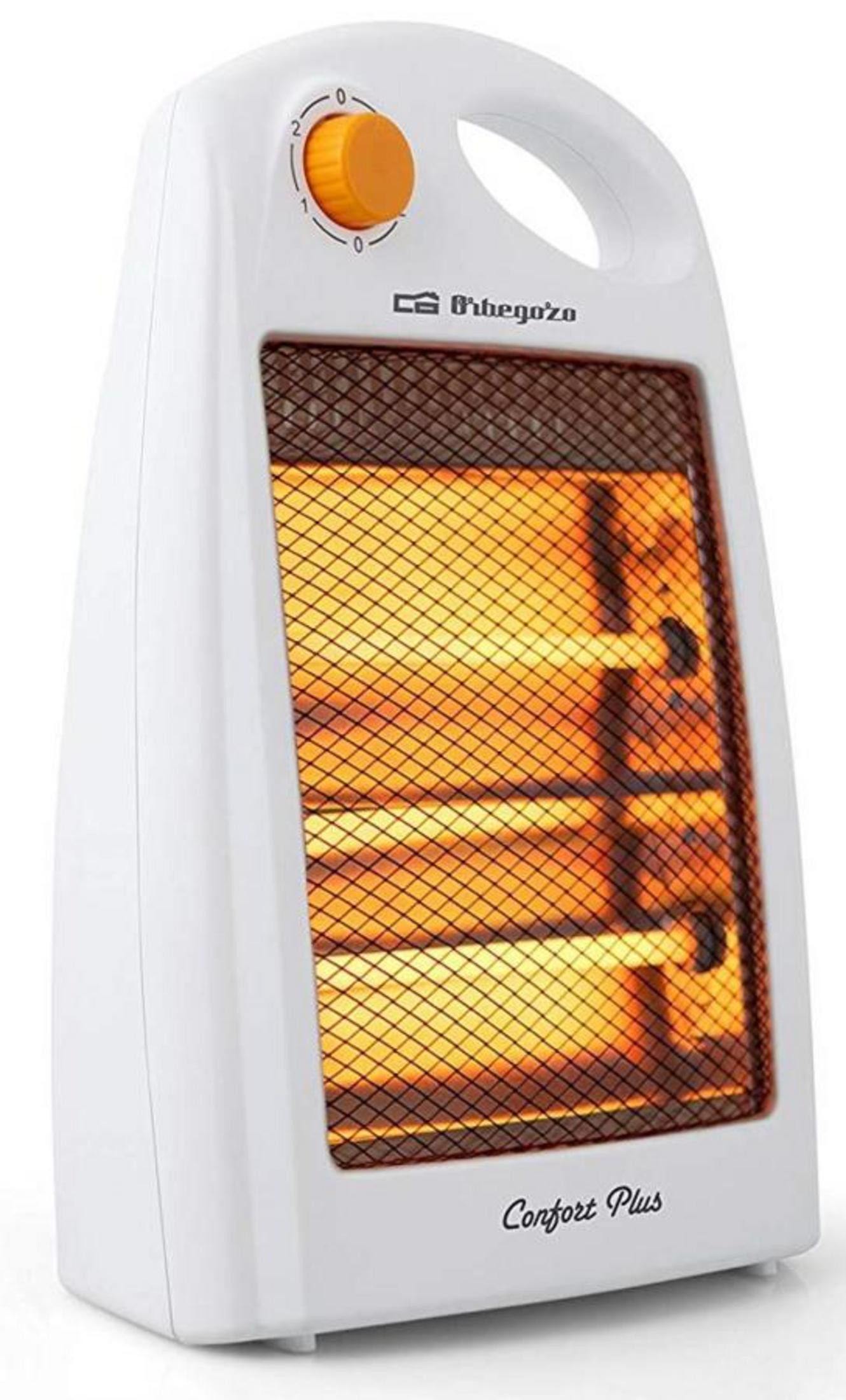 Un calentador blanco portátil con pomo naranja y elementos calefactores encendidos.