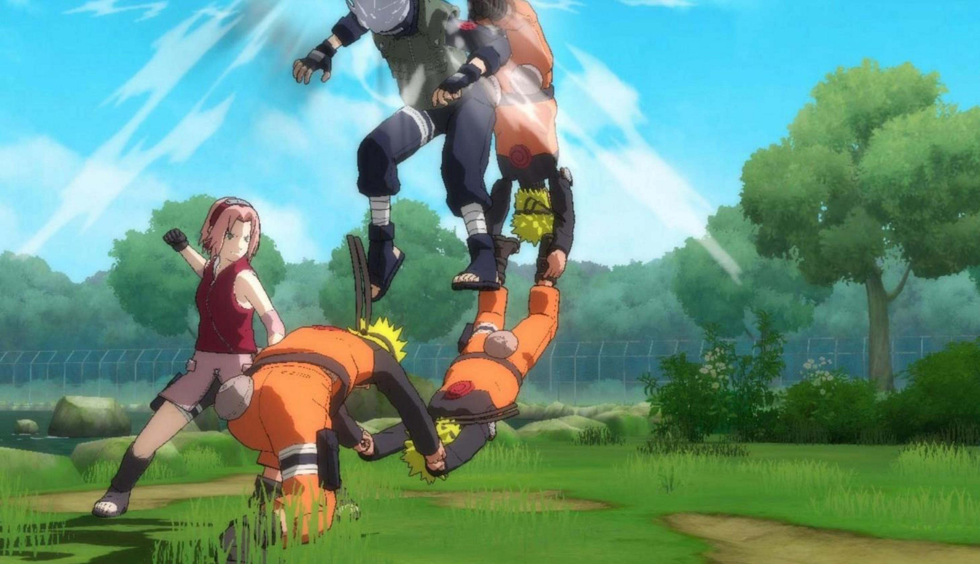 Four anime-style characters fight outdoors. Kakashi holds Naruto, who is holding Naruto.