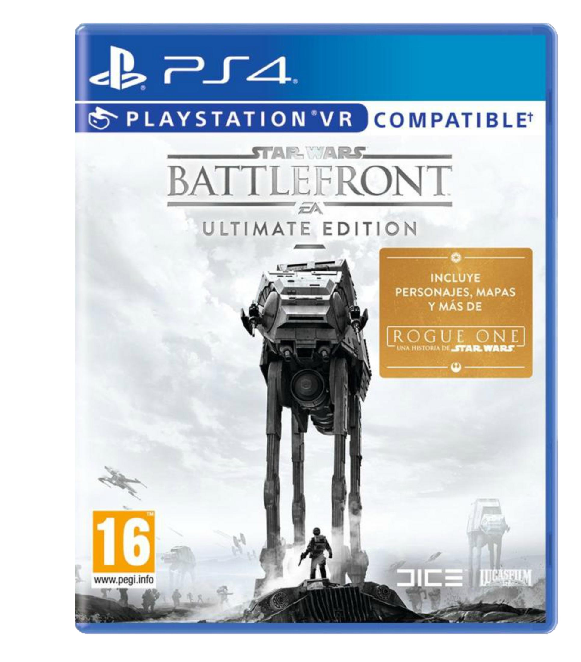Portada del juego PS4: Star Wars Battlefront Ultimate Edition con AT-AT y soldados.