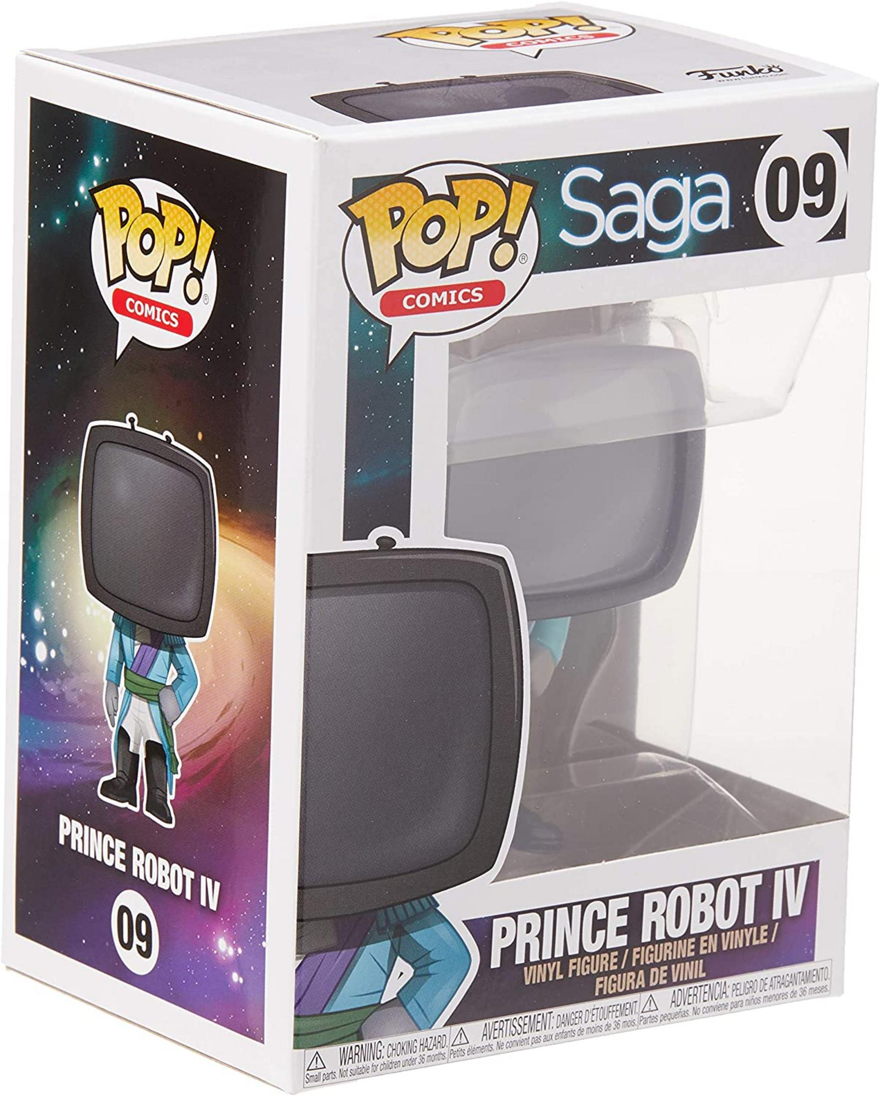 Caja de una figura Funko Pop de Prince Robot IV de Saga 09, con fondo espacial.