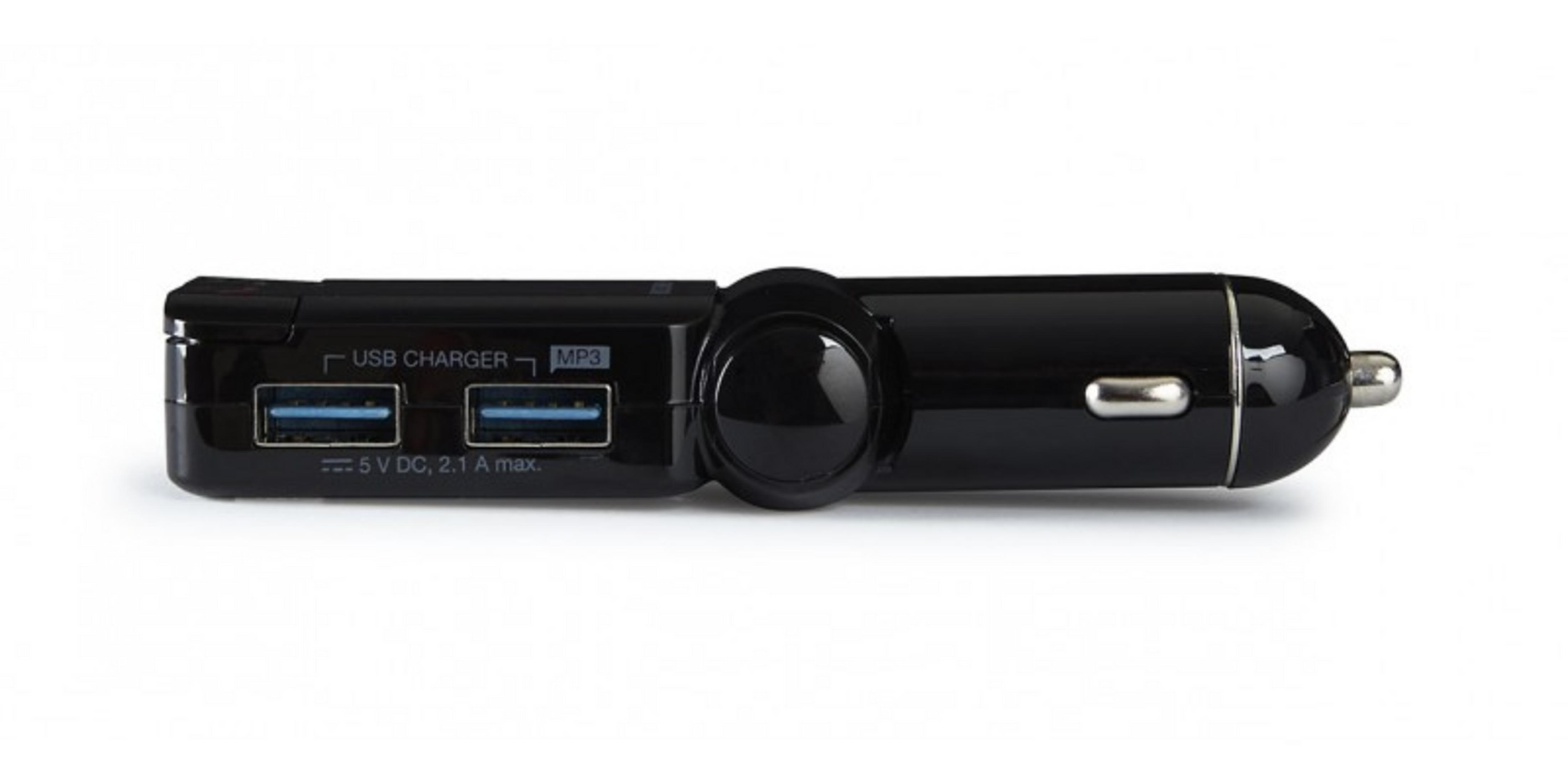Un cargador USB de coche negro con dos puertos y función MP3.