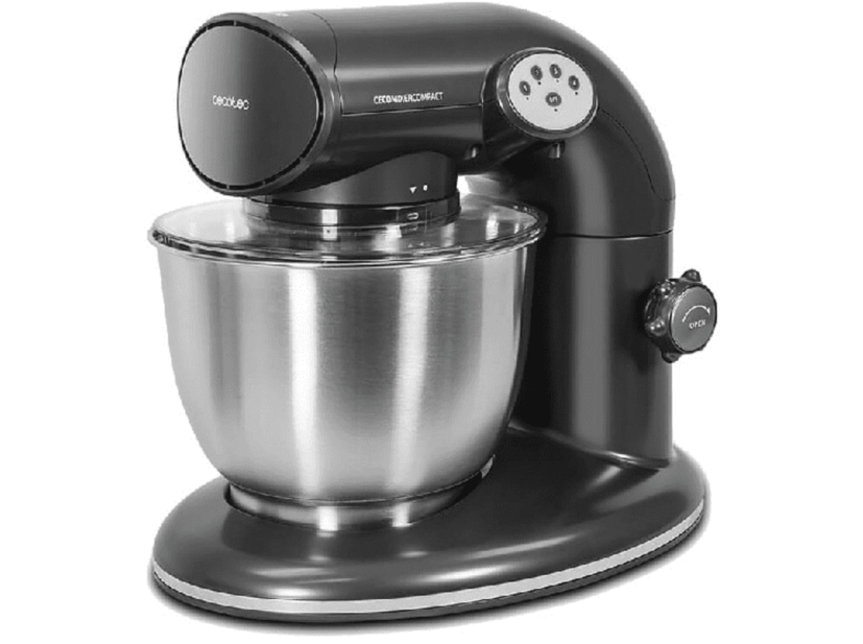 Un robot de cocina negro con bol de acero inoxidable y botones.