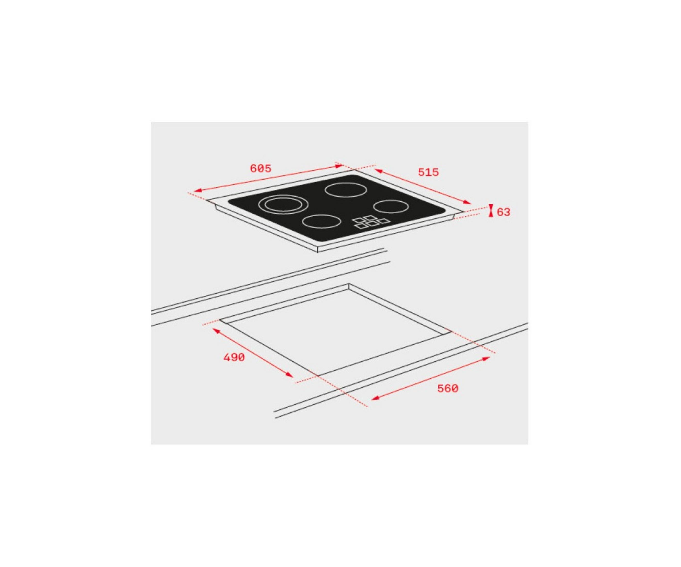 Placa de cocina empotrada de 605x515x63mm y hueco de 490x560mm.