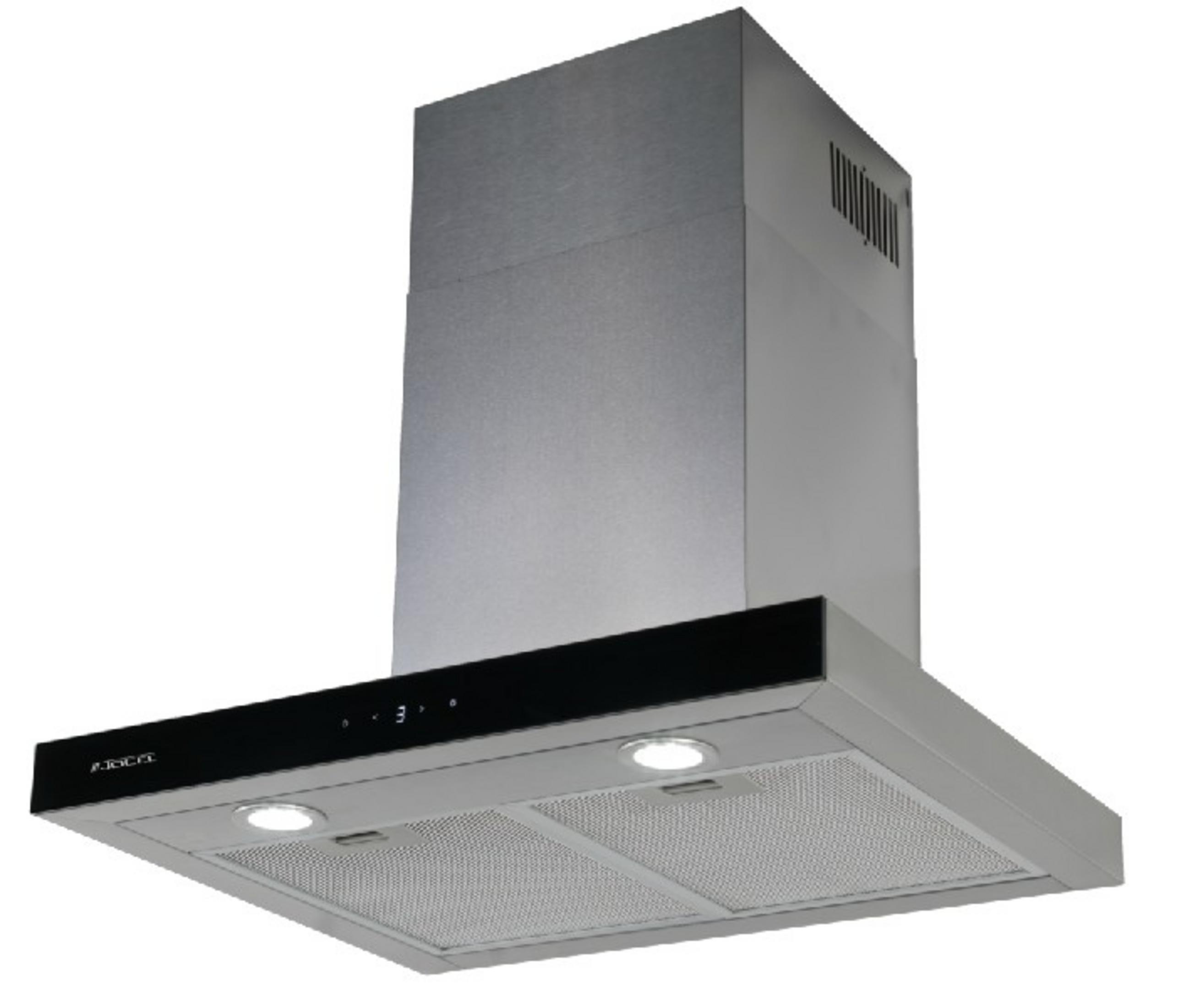 Campana extractora elegante, acero inoxidable con borde negro, iluminada.