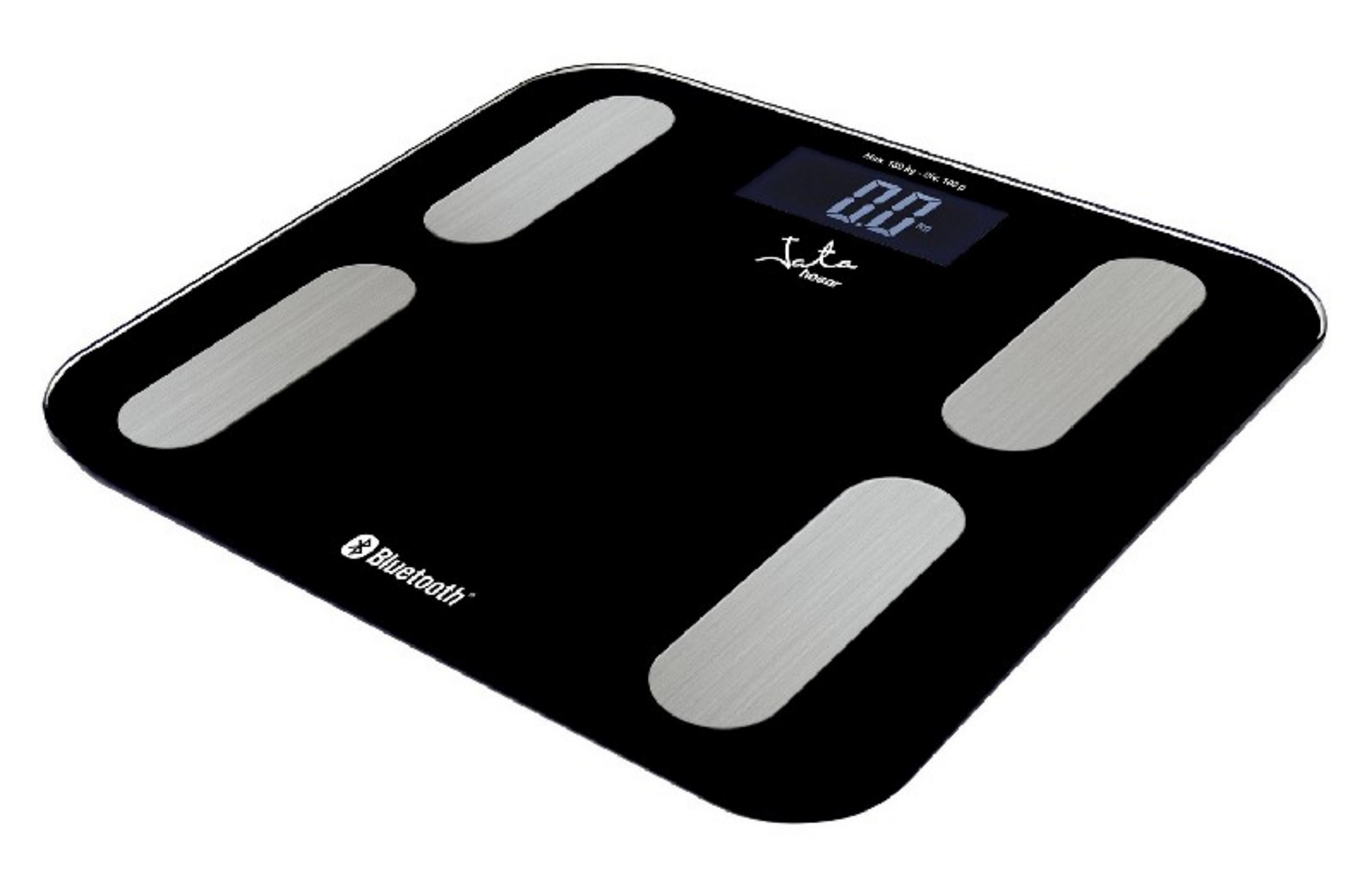 Balanza digital negra con electrodos plateados y logo azul Bluetooth.