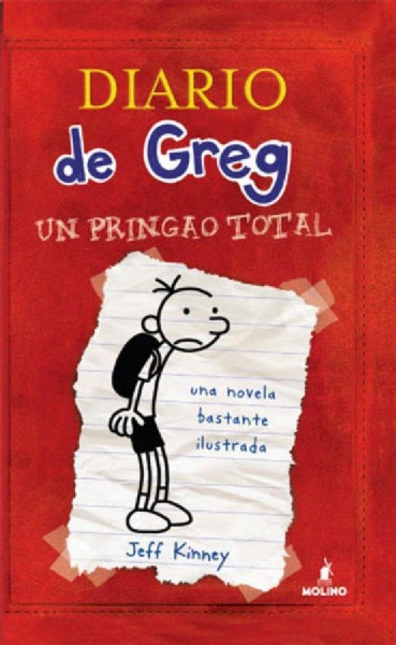 Portada roja del libro 'Diario de Greg'. Dibujo de un niño con mochila.