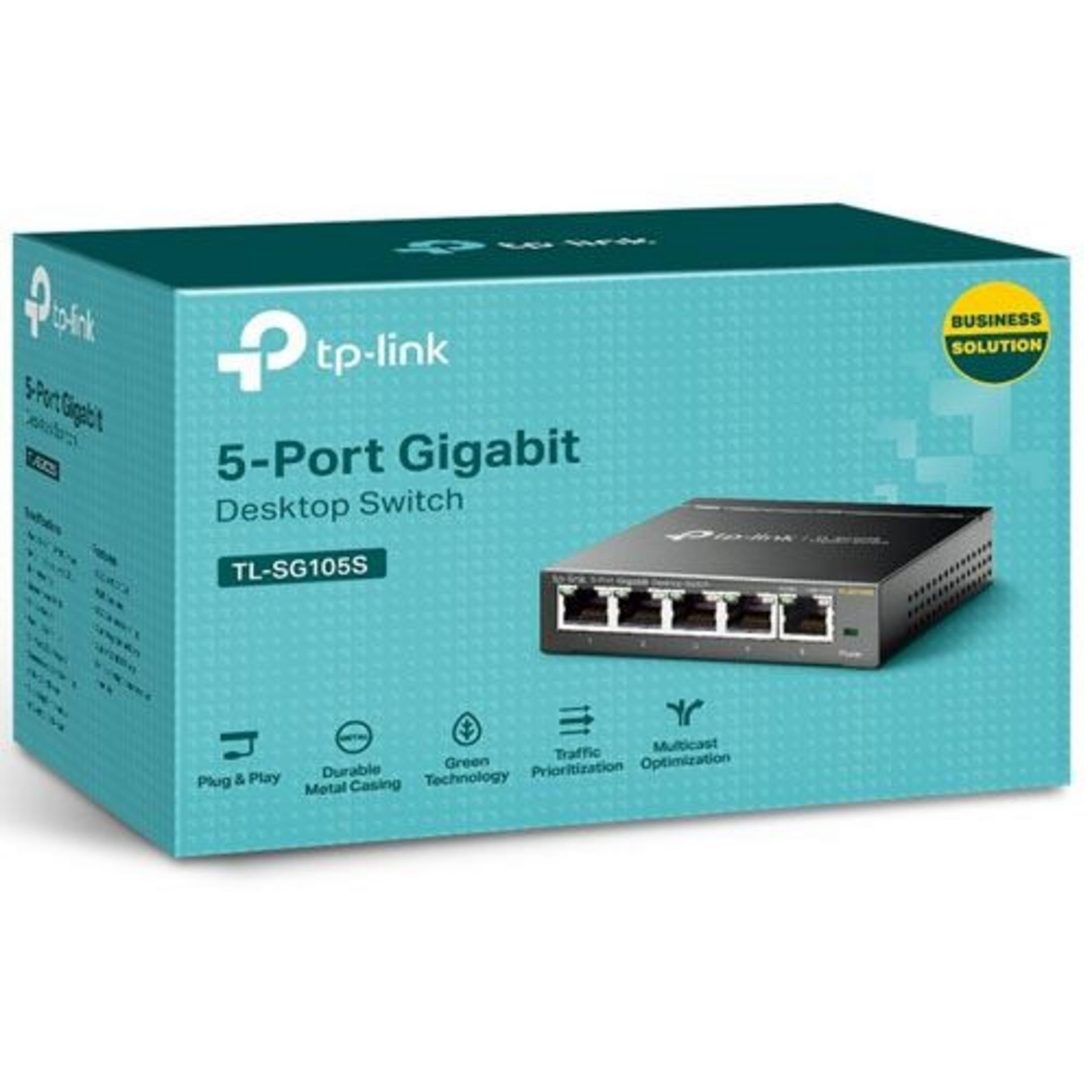 TP-Link 5-Port Gigabit Desktop Switch TL-SG105S auf türkisfarbener Verpackung.
