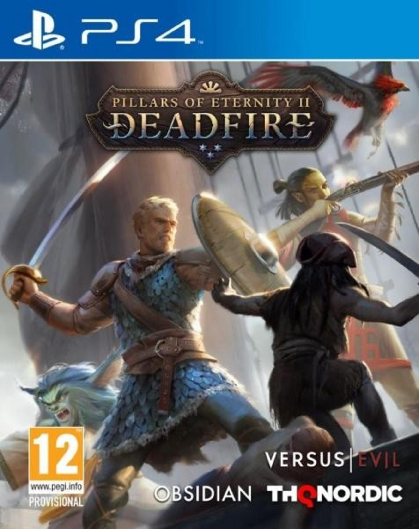 Copertina gioco PS4: Guerrieri combattono con spade e scudi. Pillars of Eternity II: Deadfire.