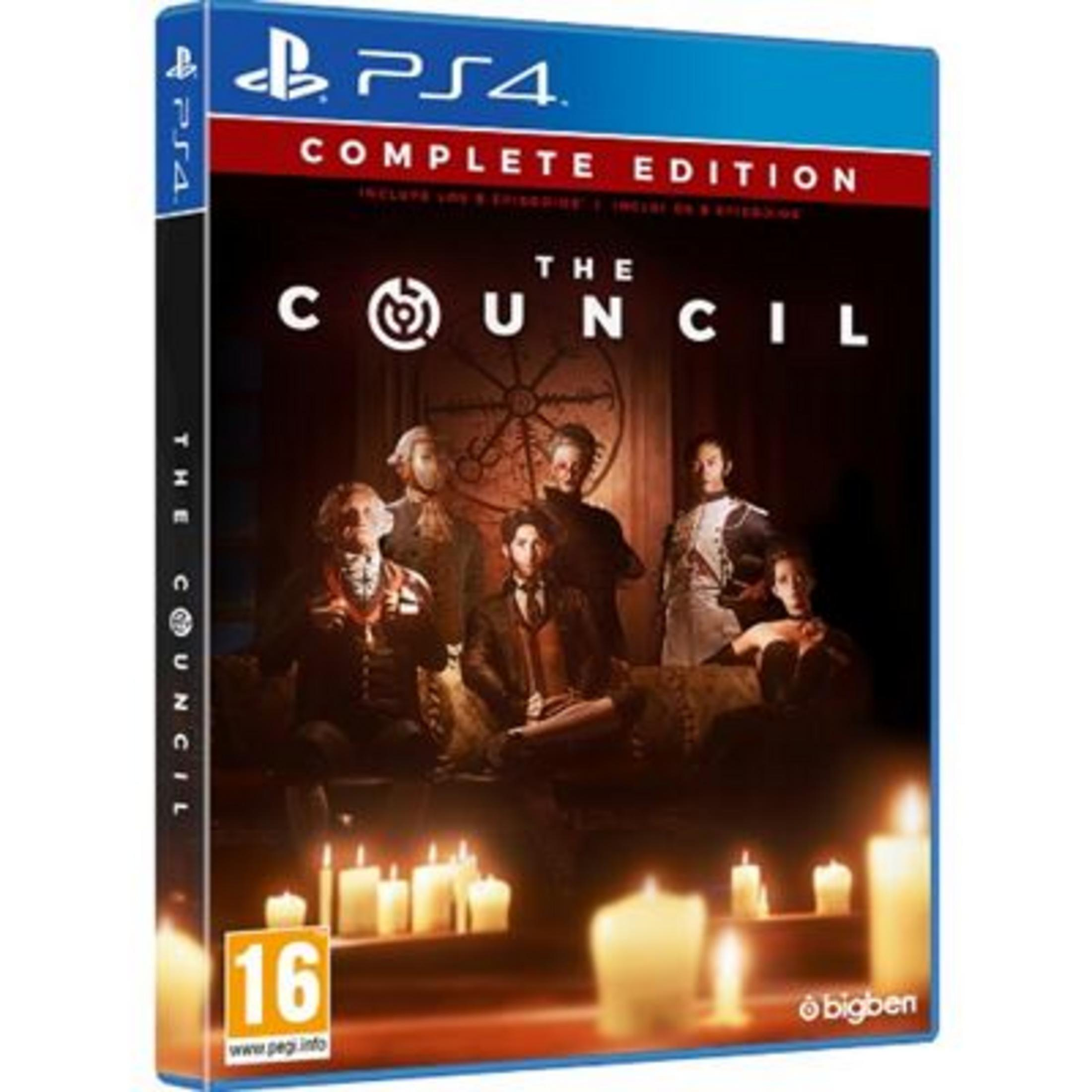Juego PS4 "The Council Complete Edition" con velas y personas.