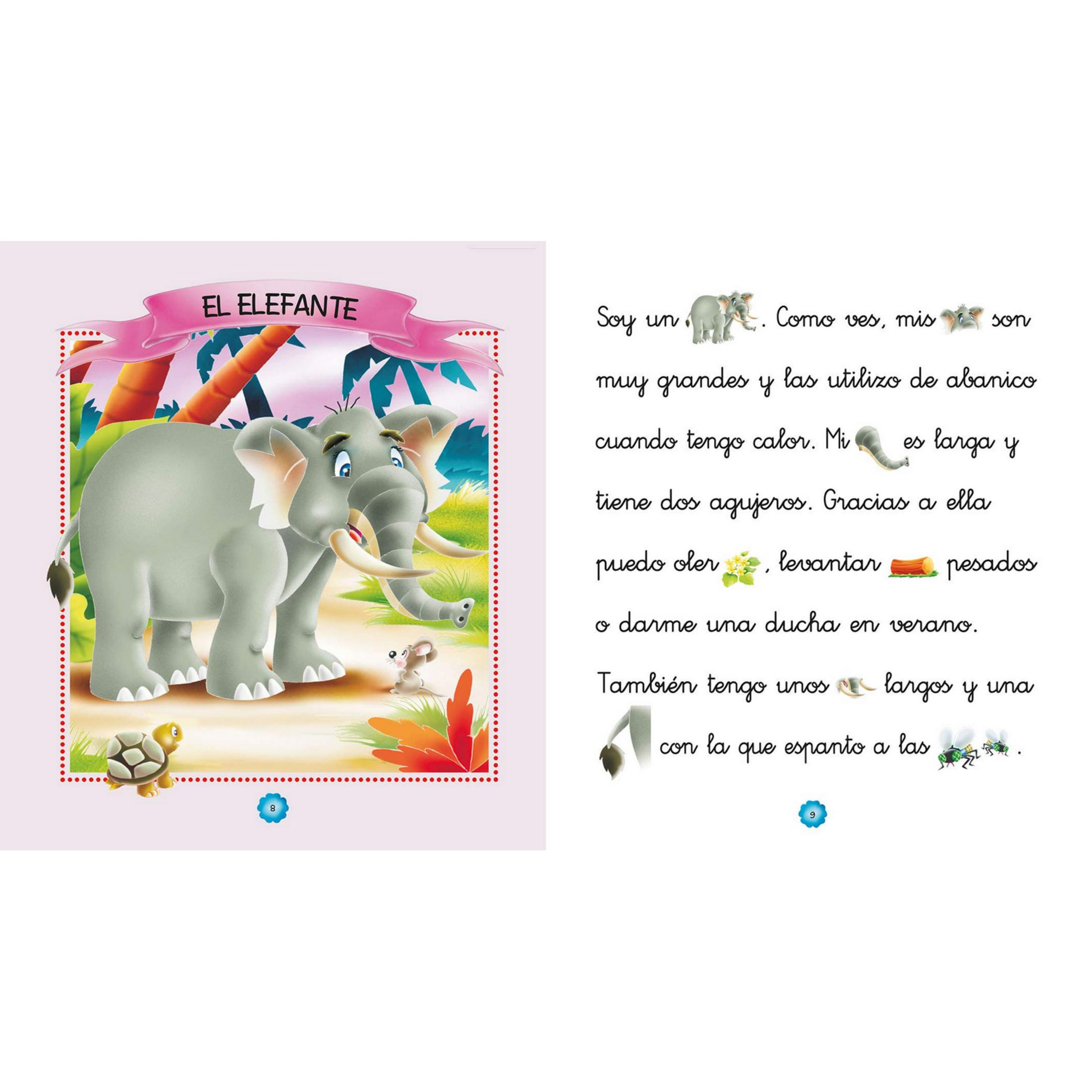 Un elefante con un cartel "EL ELEFANTE". A su lado, texto sobre elefantes.