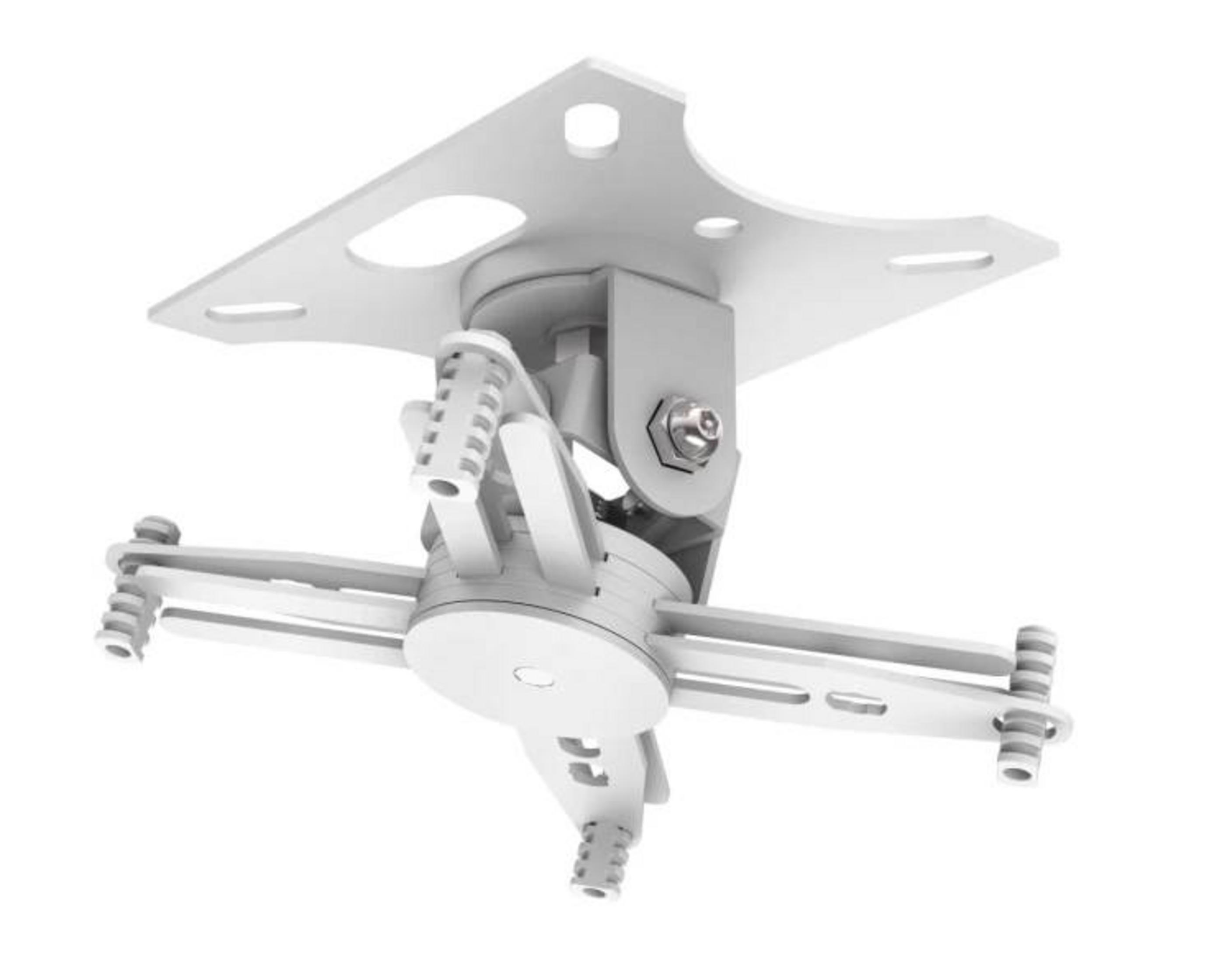 Un soporte de techo blanco para proyector con brazos ajustables.