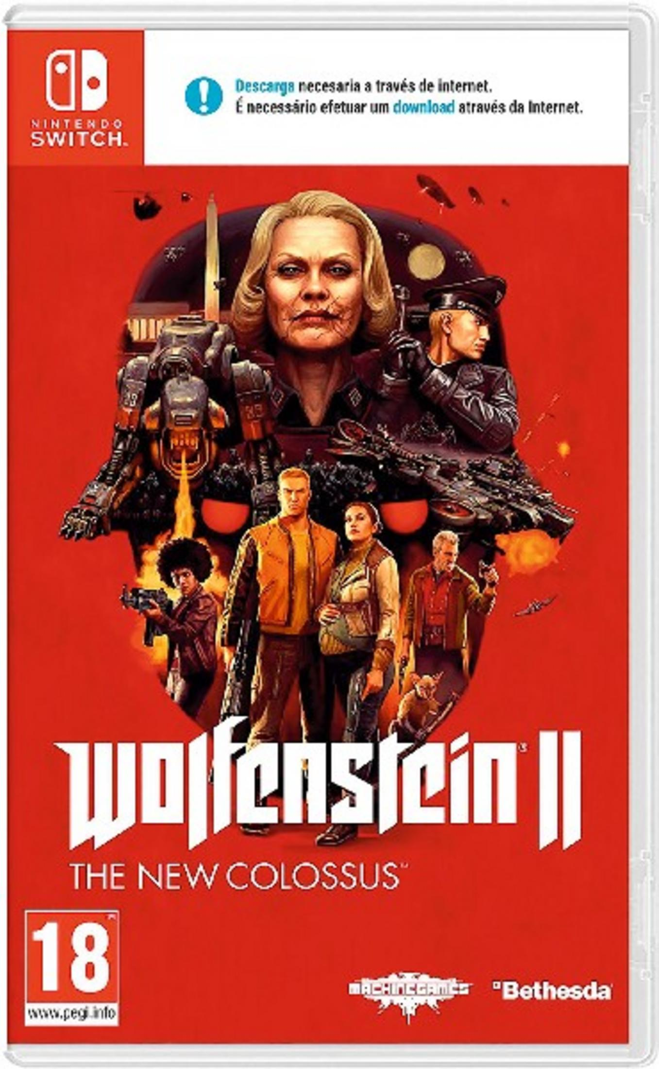 La copertina di Wolfenstein II per Nintendo Switch presenta personaggi, un mech e il titolo.