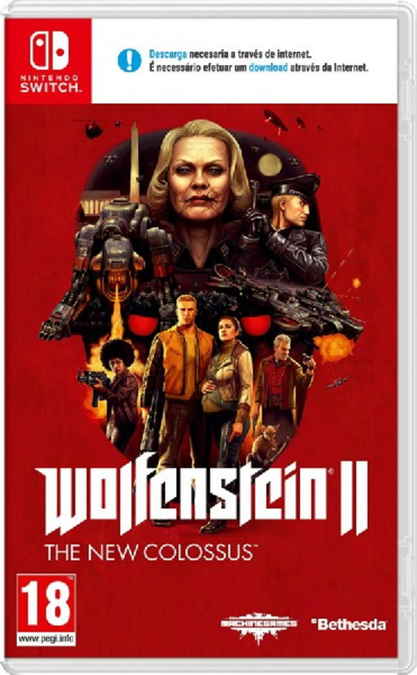Copertina di Wolfenstein II con personaggi, mech e logo Nintendo Switch.