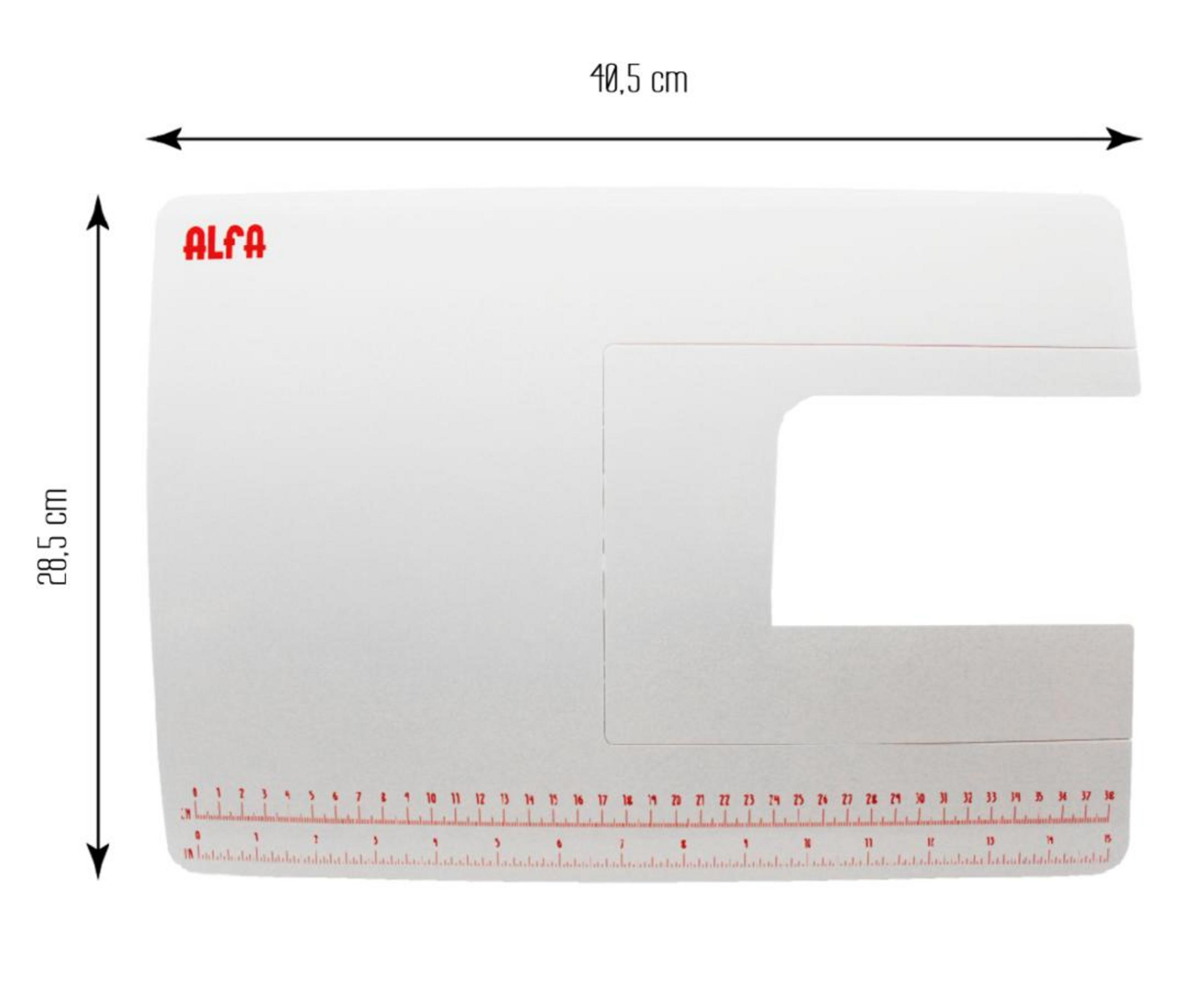Placa de extensión blanca para máquina de coser con medidas rojas y logo 'ALFA'.