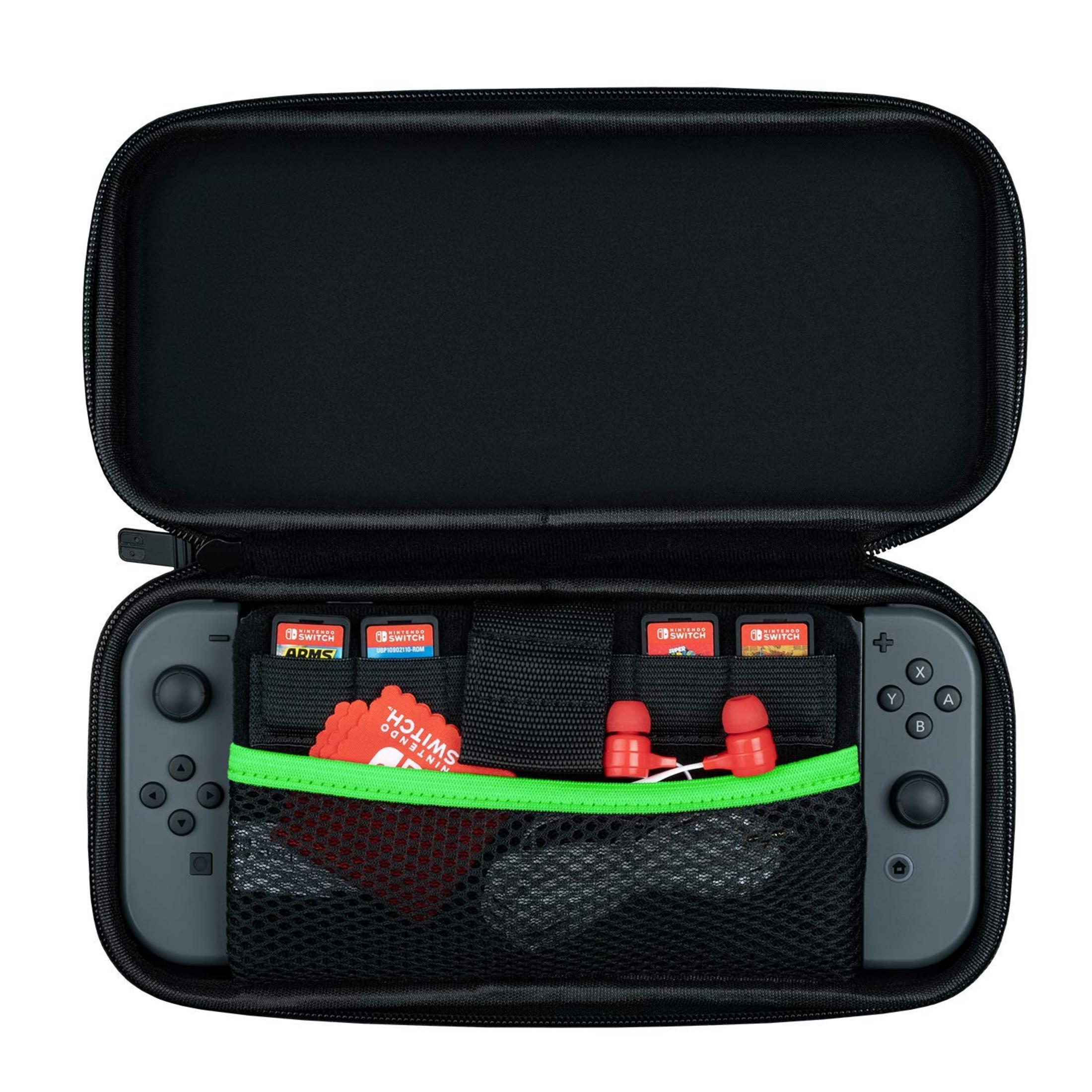 Szara torba na Nintendo Switch z kontrolerem, grami i czerwonymi słuchawkami.