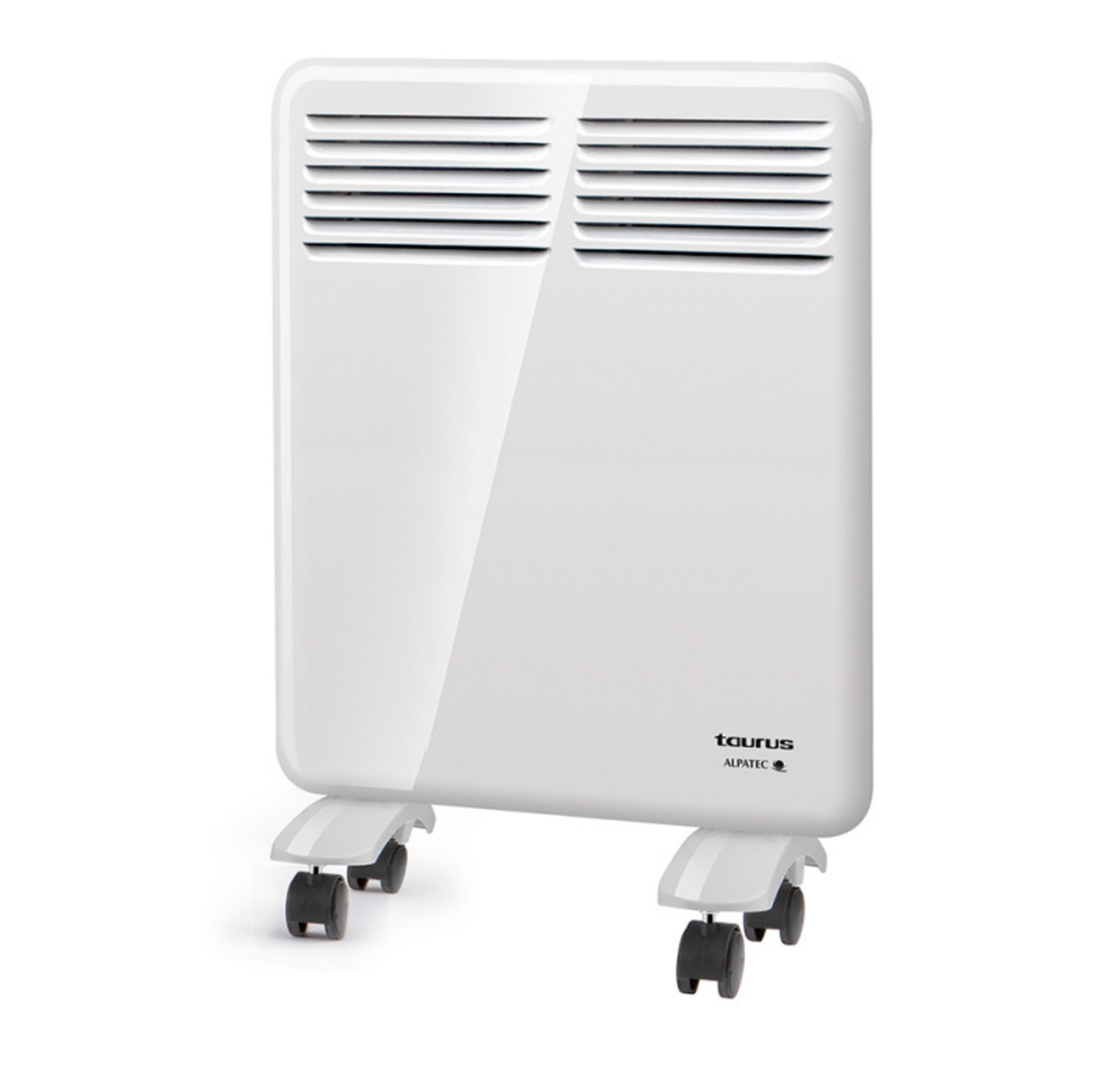 Un radiatore bianco portatile con ruote e alette di ventilazione.