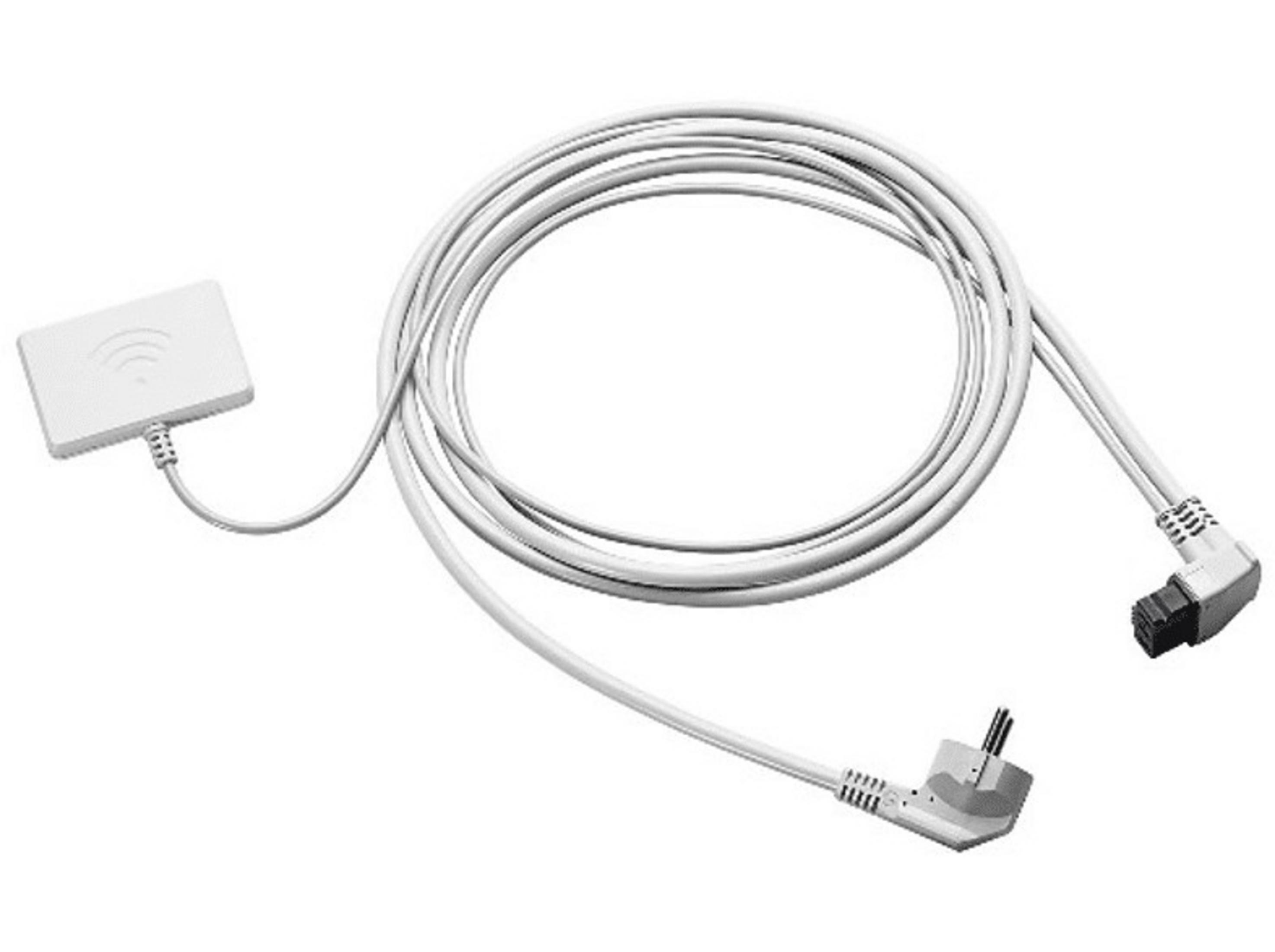 Un cable blanco con un enchufe y un objeto blanco rectangular con símbolo Wi-Fi.