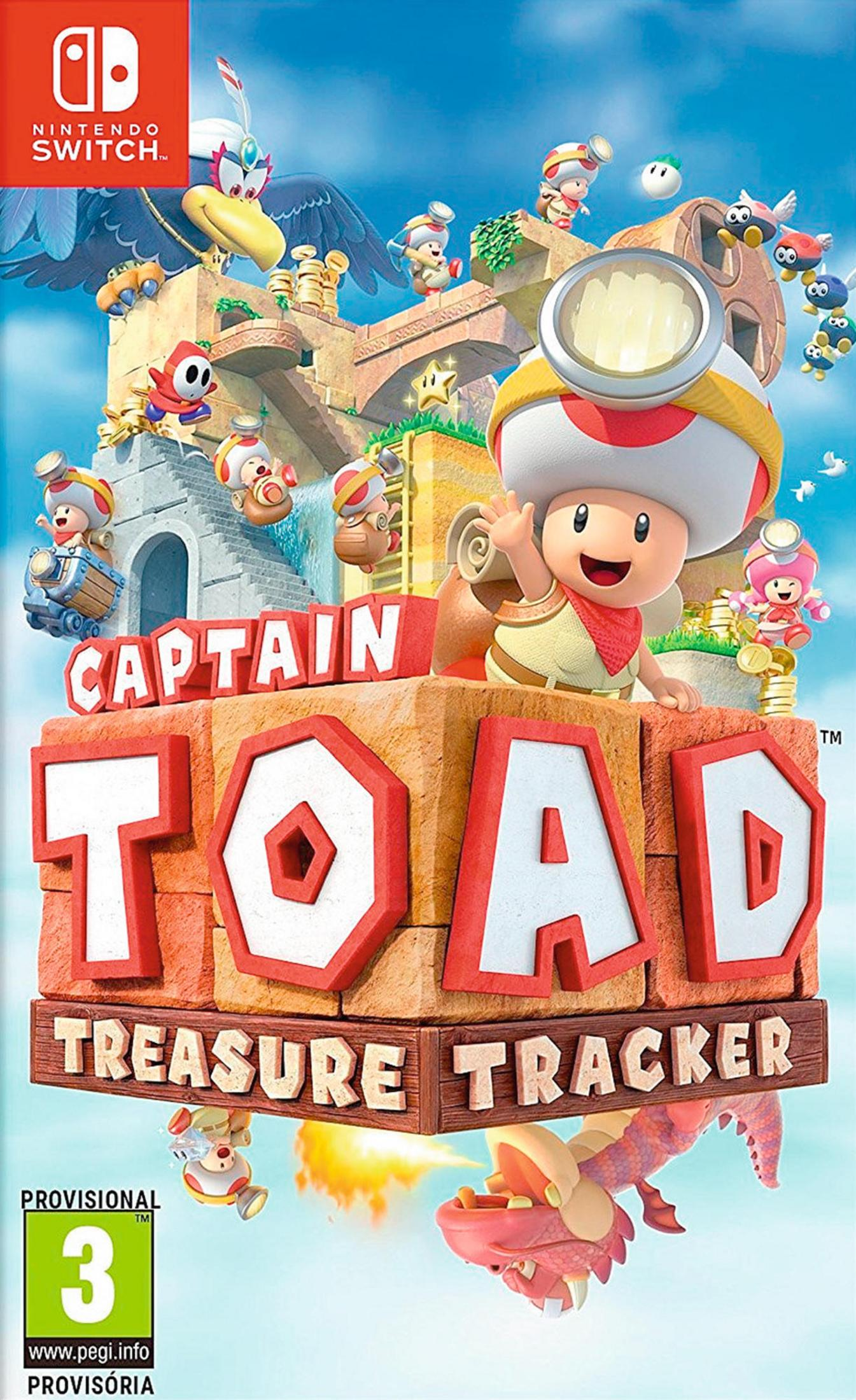 Portada de Captain Toad Treasure Tracker: Toad saluda, águila, dragón, monedas, estrellas.