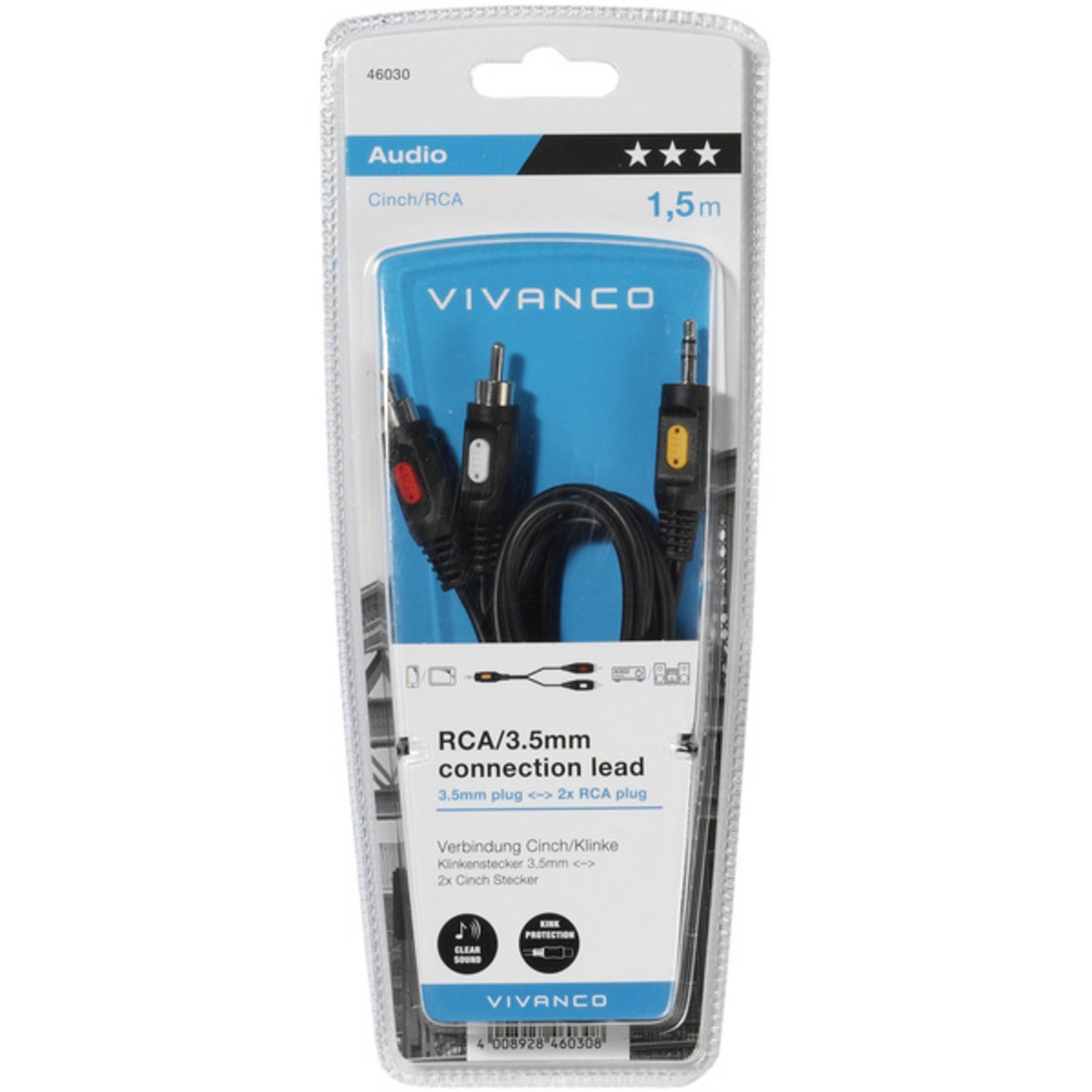Cable de audio Vivanco de 1,5m con jack de 3,5mm y 2x RCA.