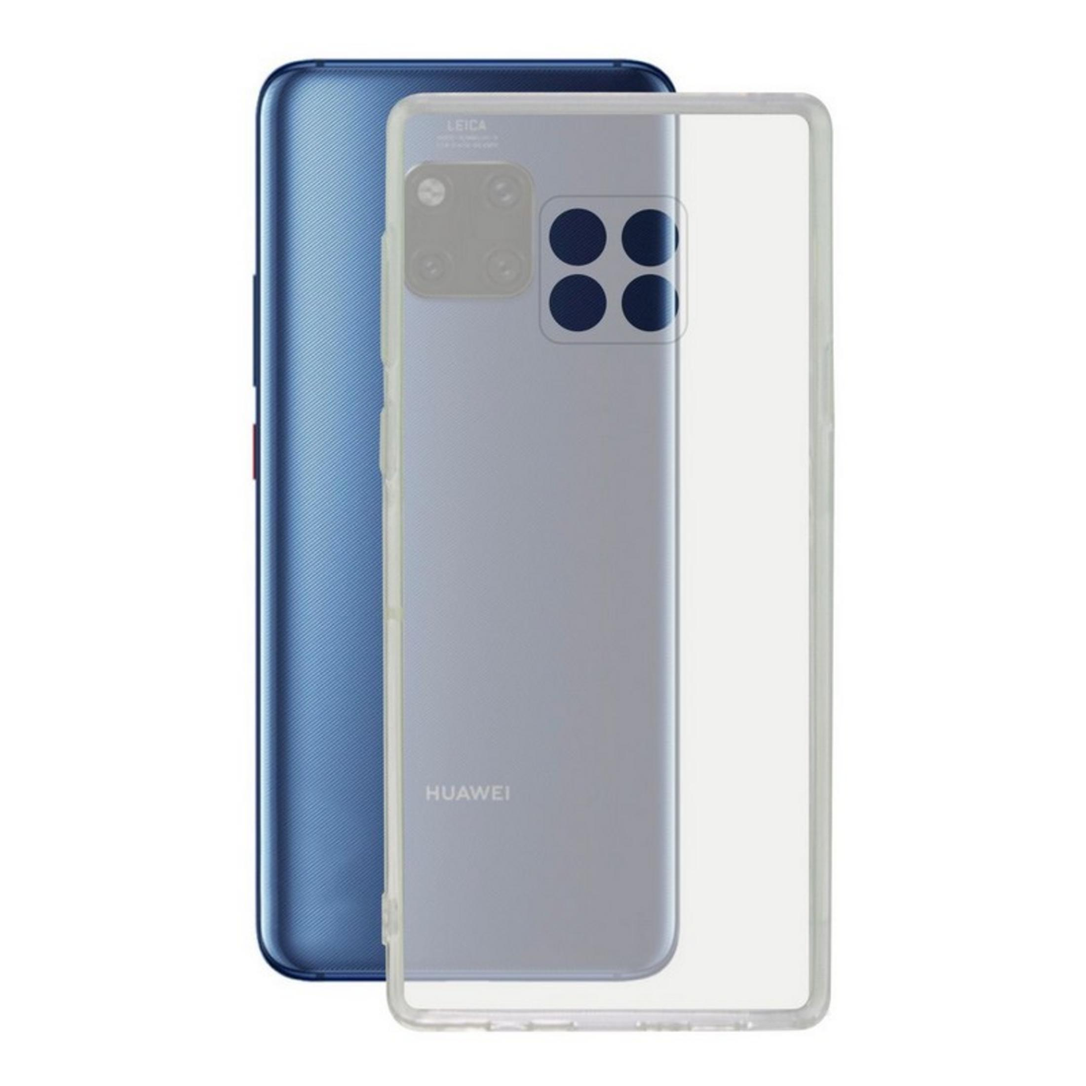 Un telefono Huawei blu con custodia trasparente che mostra le quattro lenti della fotocamera.