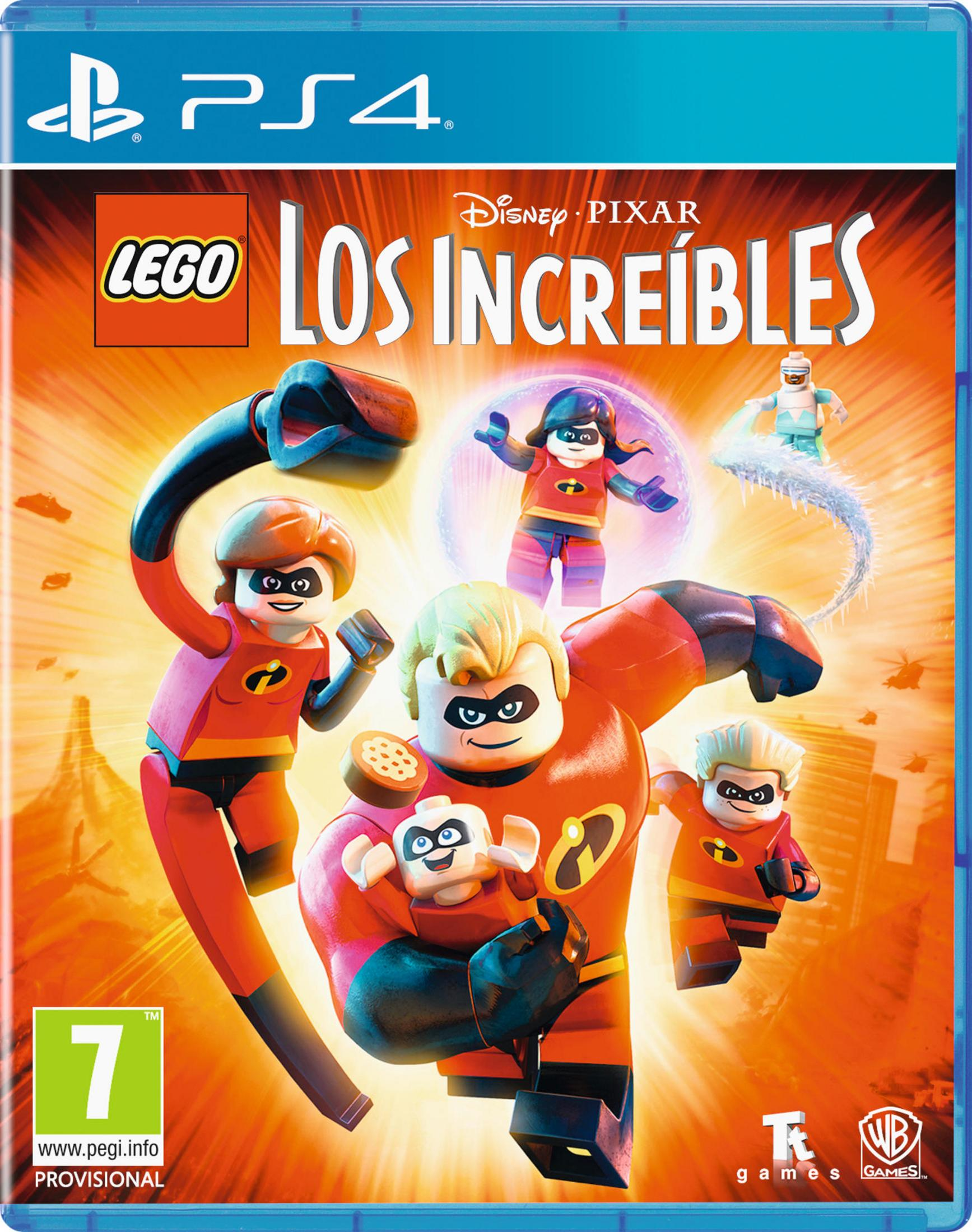 Copertina gioco PS4: Lego Gli Incredibili. Famiglia in tute rosse, uno tiene un bimbo. Sfondo arancione.