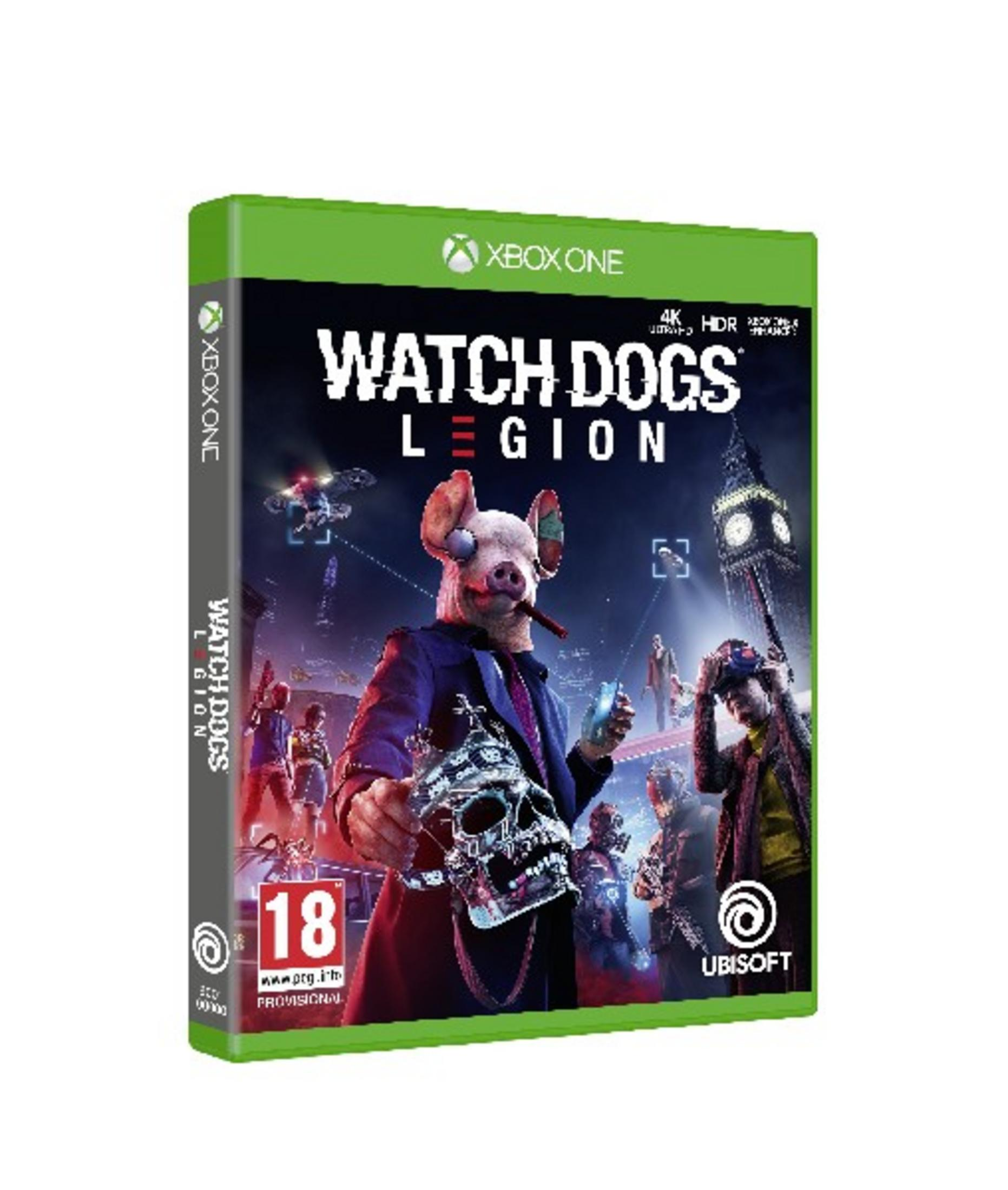 Pudełko Xbox One do Watch Dogs Legion z maską świni i Big Benem.