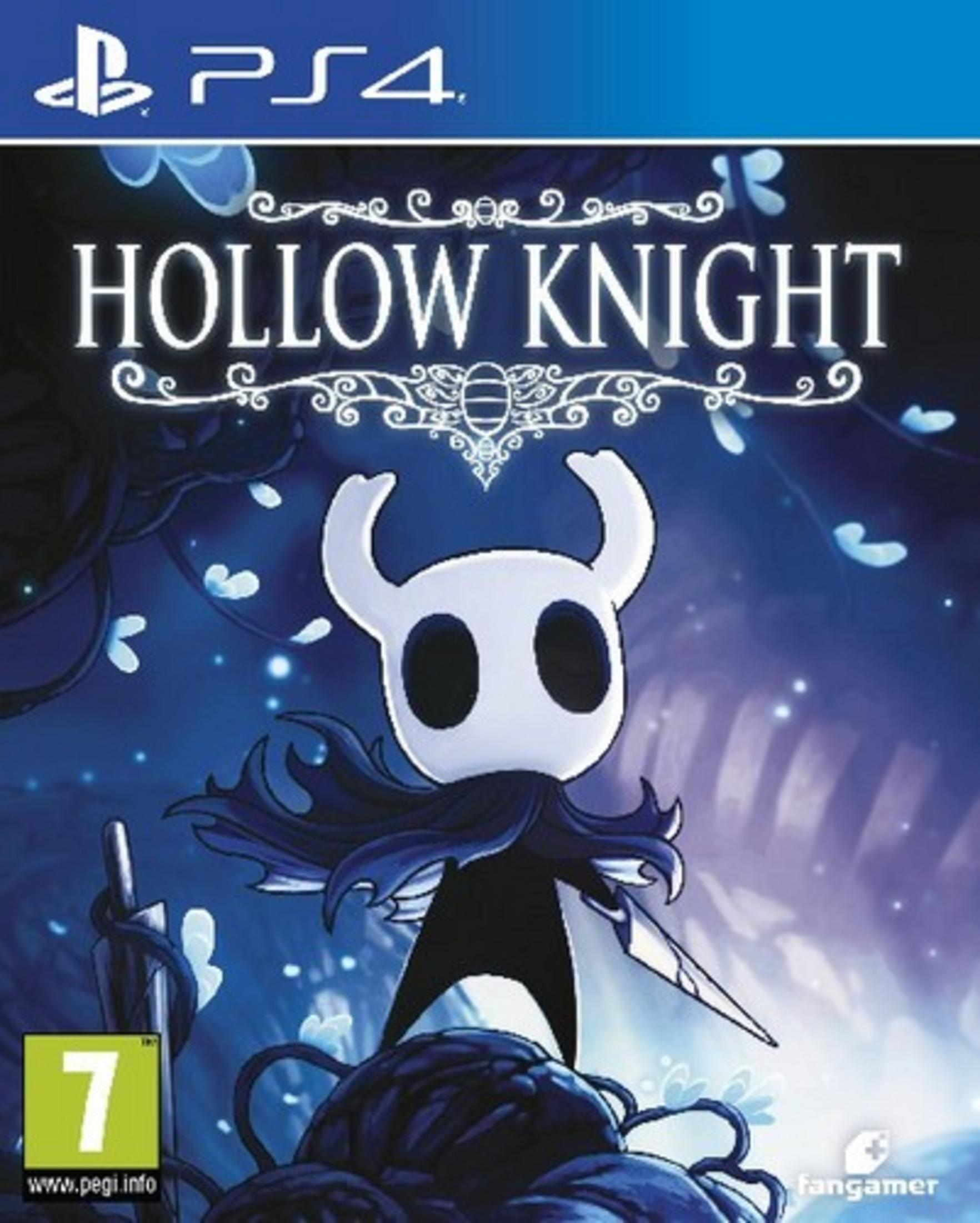Copertina gioco Hollow Knight PS4 con personaggio cavaliere bianco su sfondo blu.