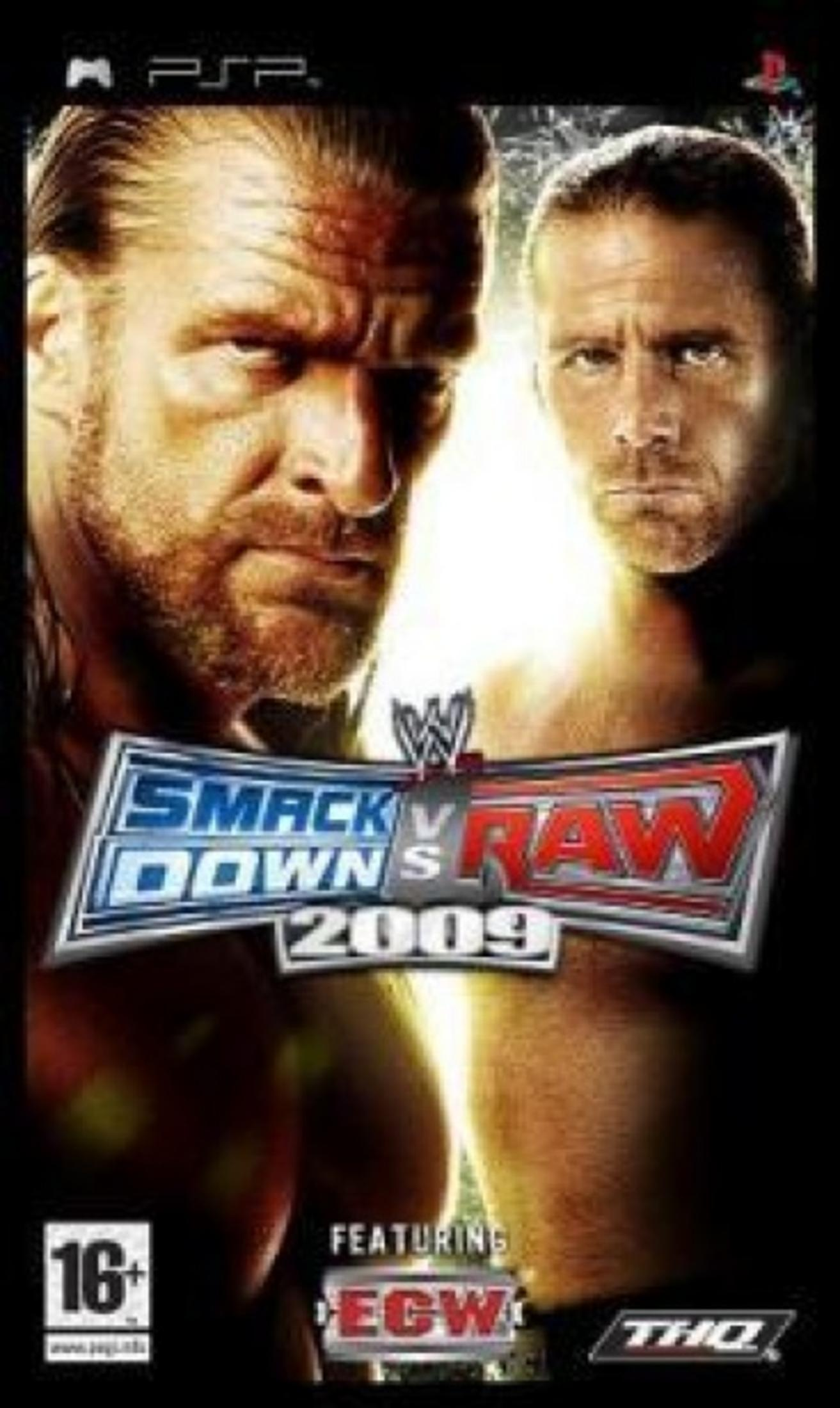 Copertina del gioco PSP WWE SmackDown vs RAW 2009 con i wrestler Triple H e Shawn Michaels.