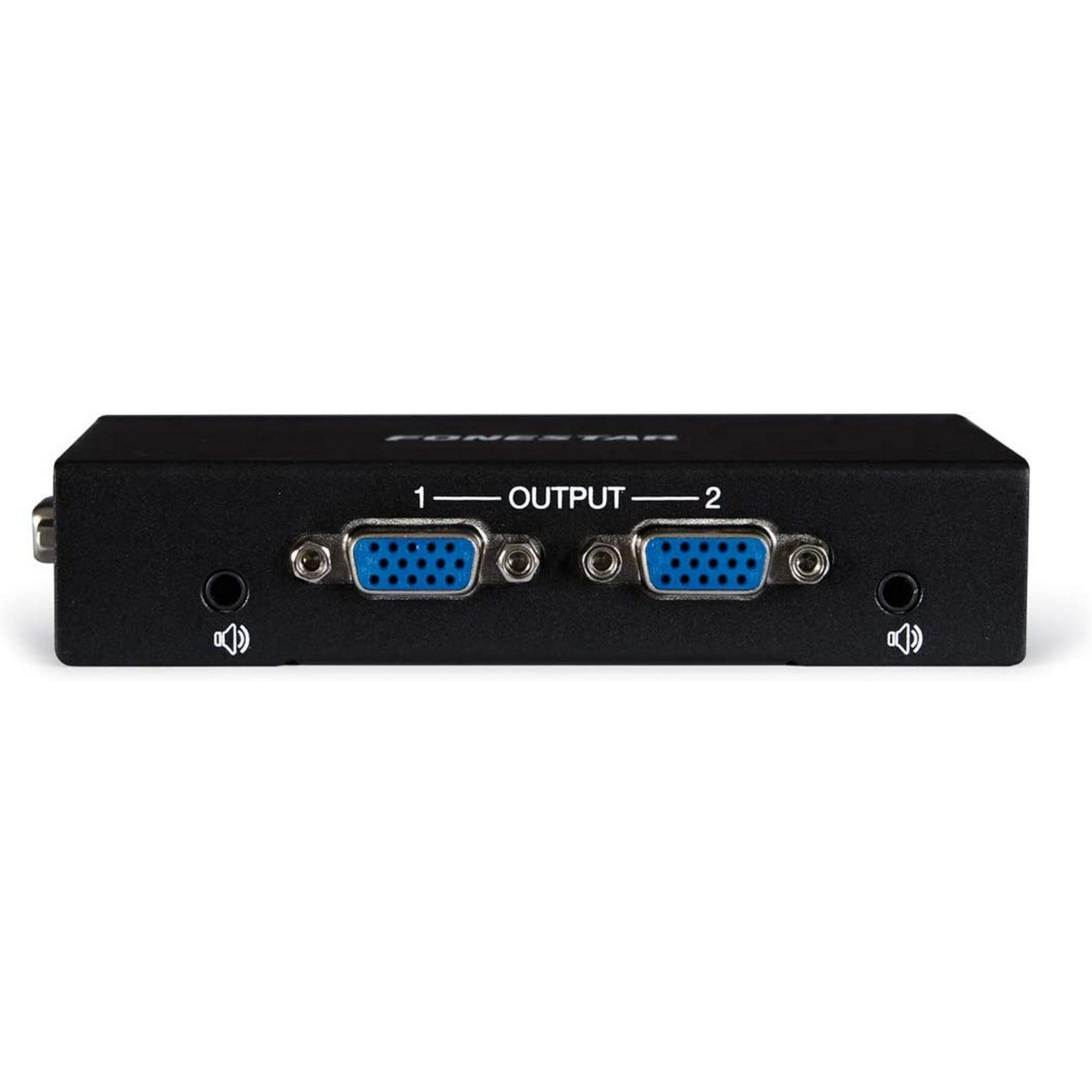 Caja negra con 2 puertos VGA e iconos de altavoz.
