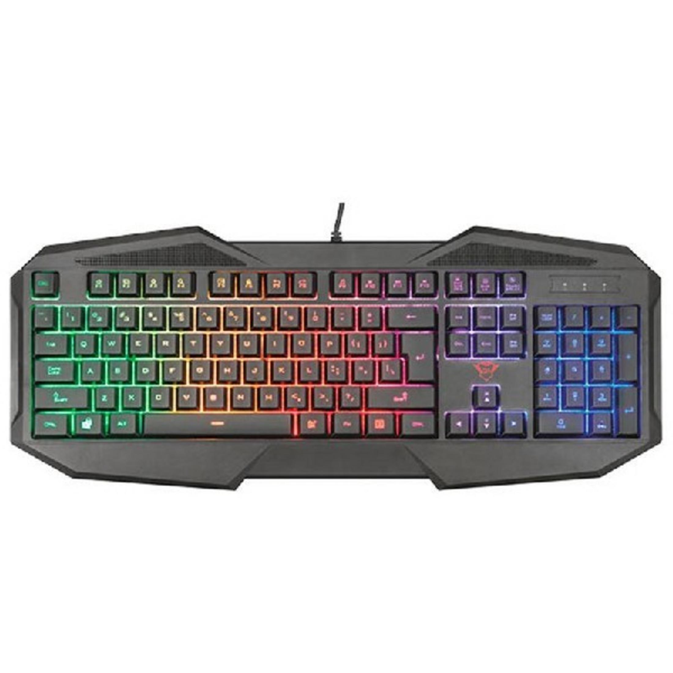 Un teclado gaming negro con retroiluminación RGB.