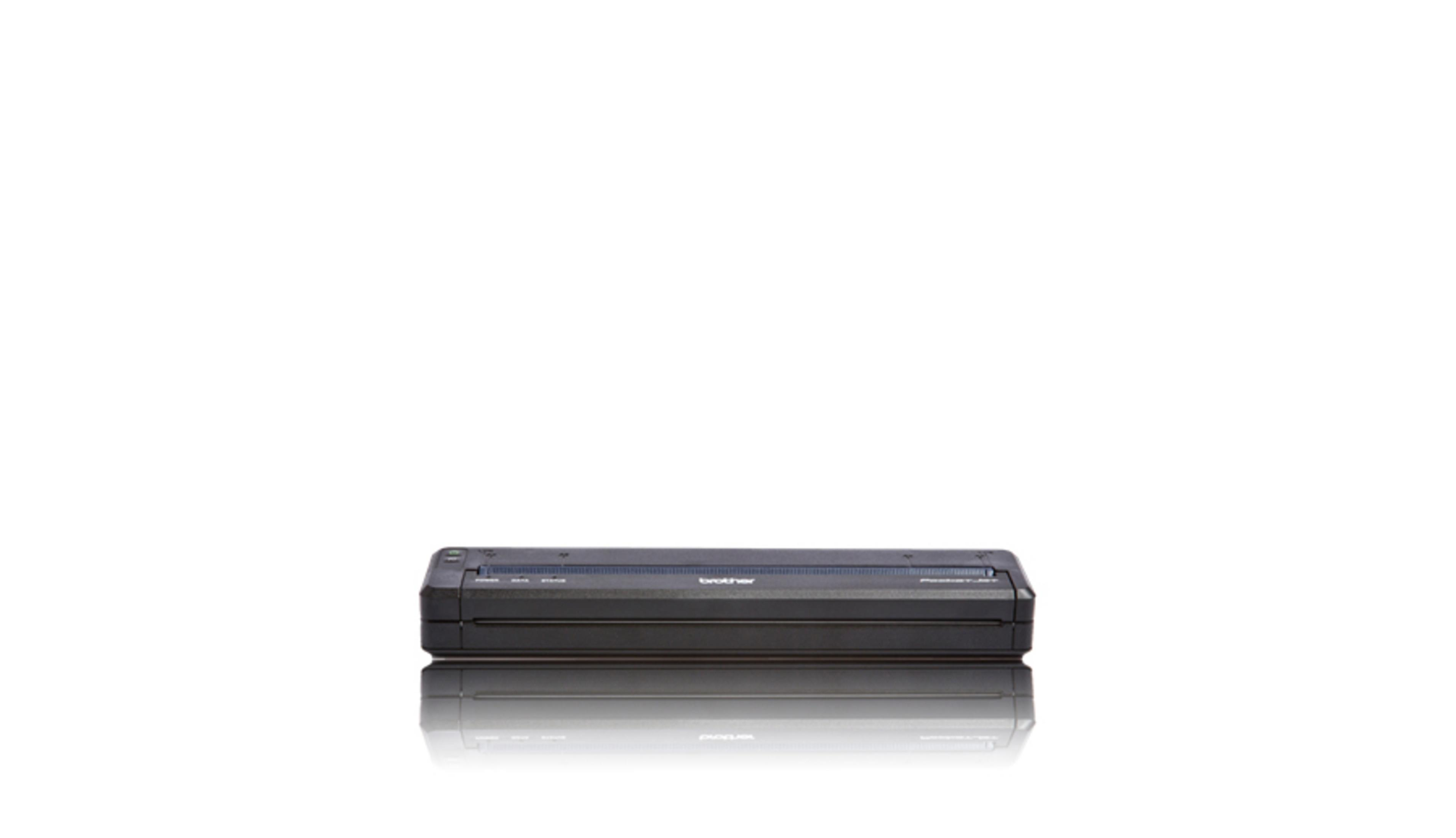 A black Brother mobile printer with blue accents sits on a white surface.