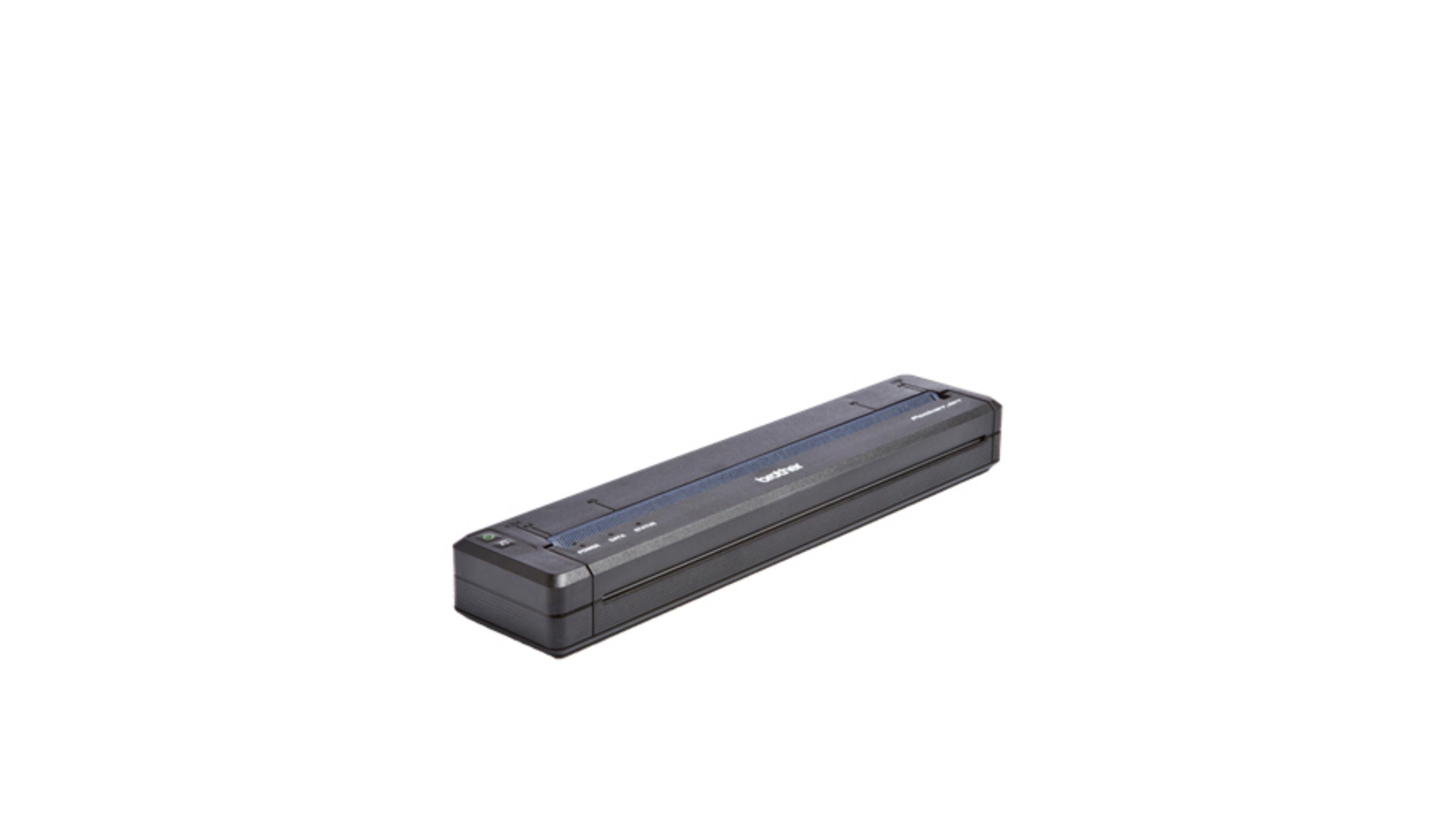 A black portable Brother printer with blue accents and control buttons.
