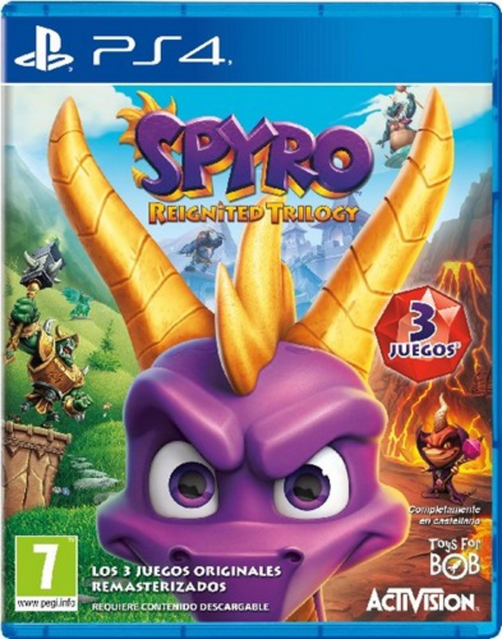 Funda del juego Spyro Reignited Trilogy PS4 con cabeza de dragón morada, cuernos naranjas e iconos.