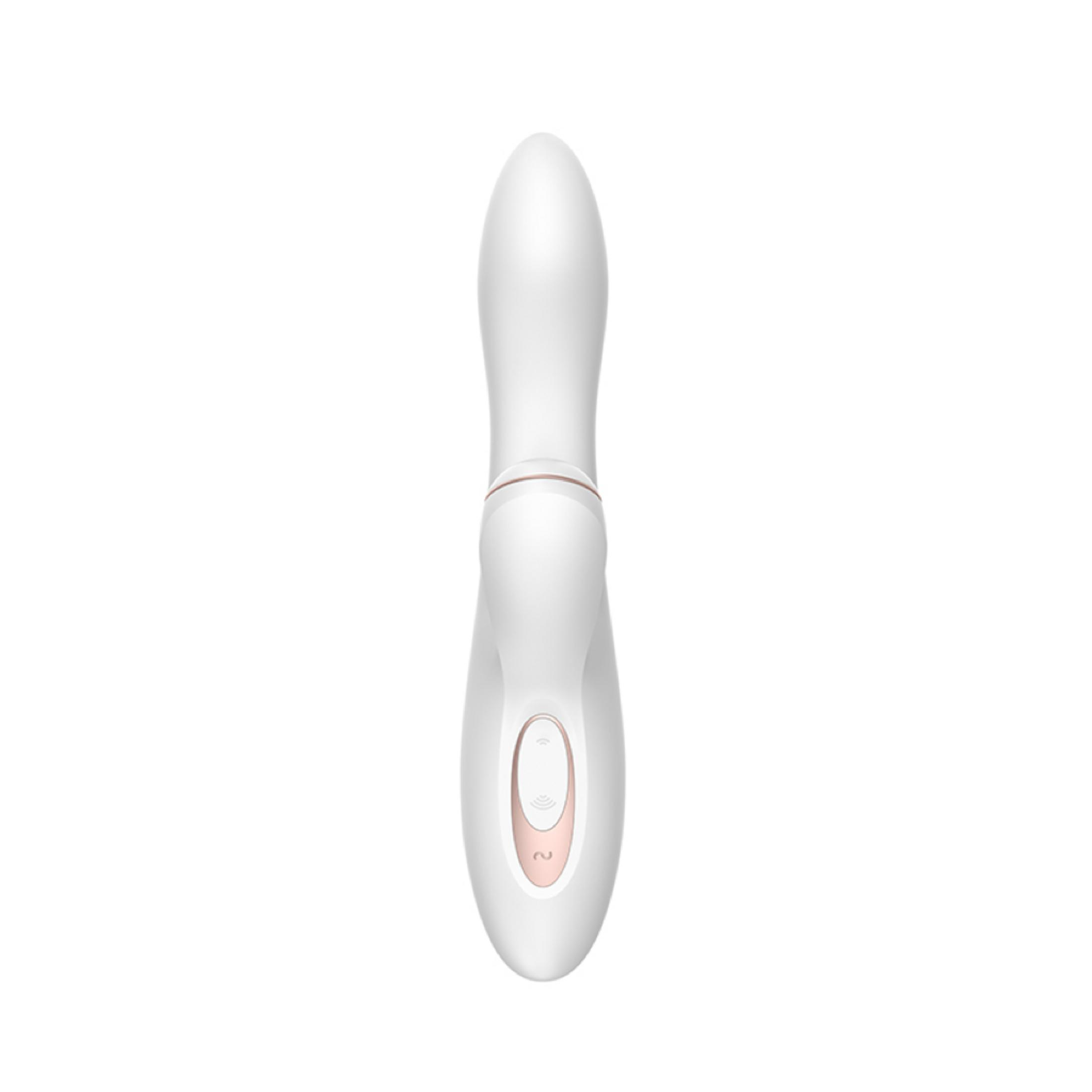 Ein weißer Vibrator mit roségoldenen Akzenten und zwei Knöpfen.