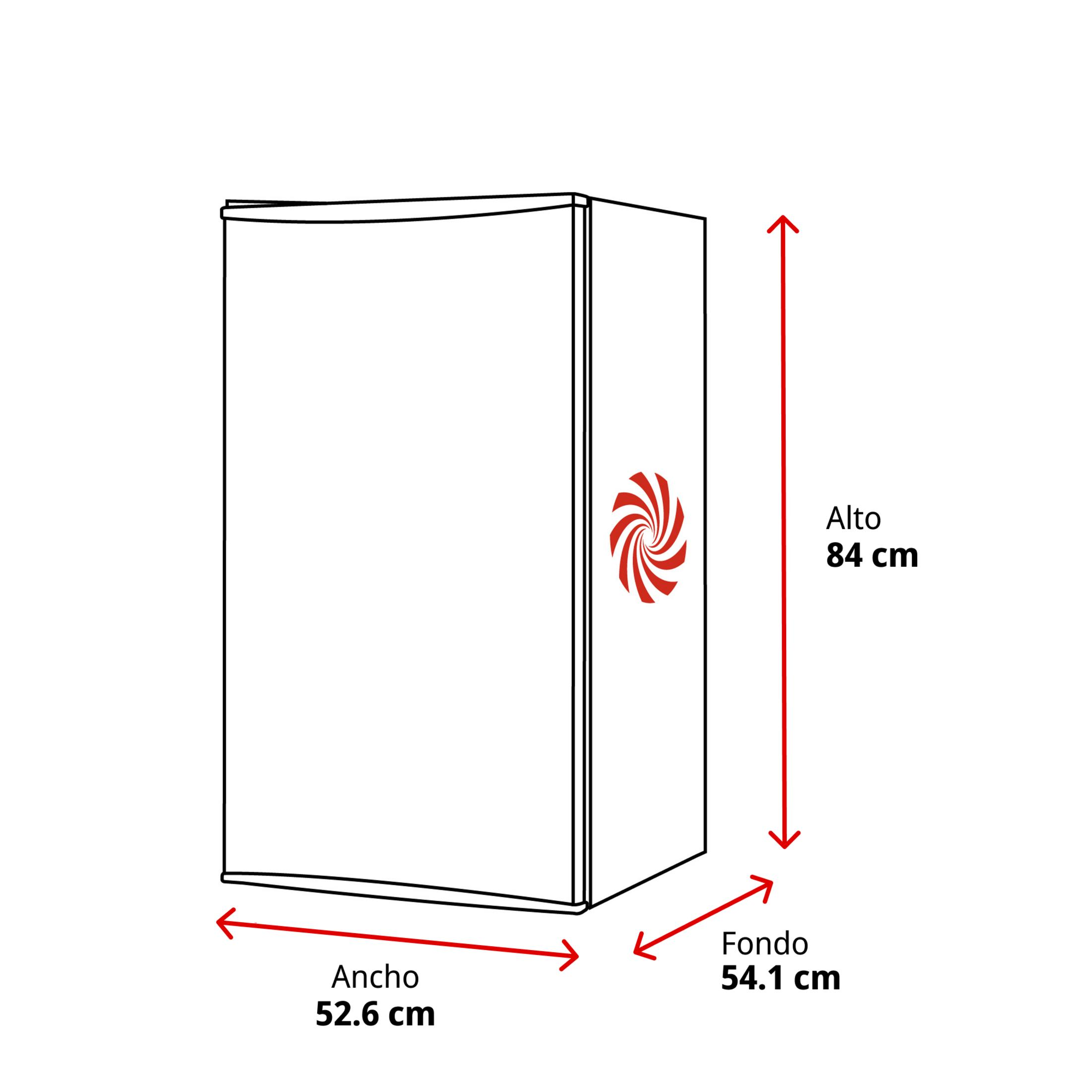 Un refrigerador blanco con dimensiones: alto 84 cm, ancho 52.6 cm, fondo 54.1 cm.