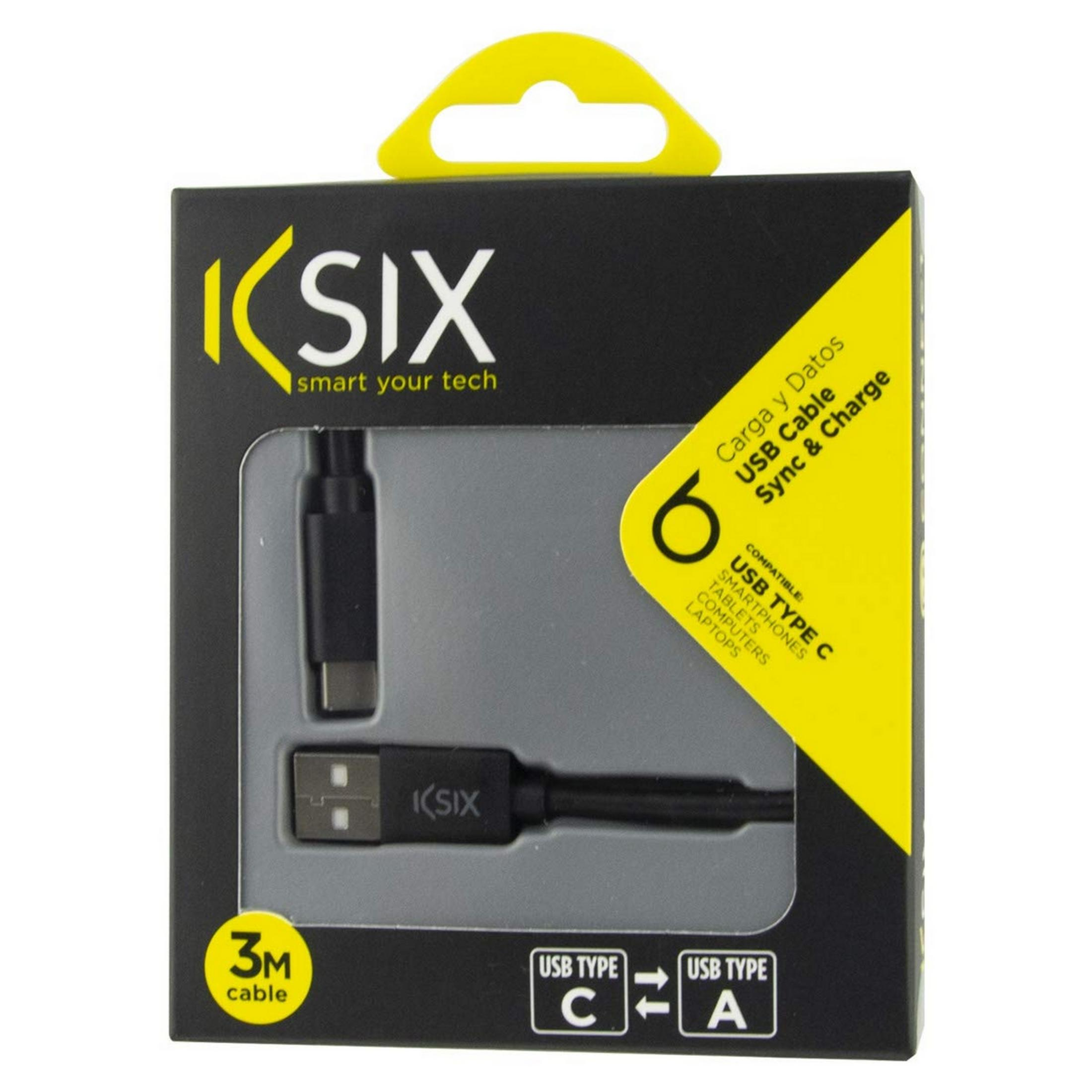 Cable KSIX USB-C a USB-A en embalaje, 3m de largo, negro.