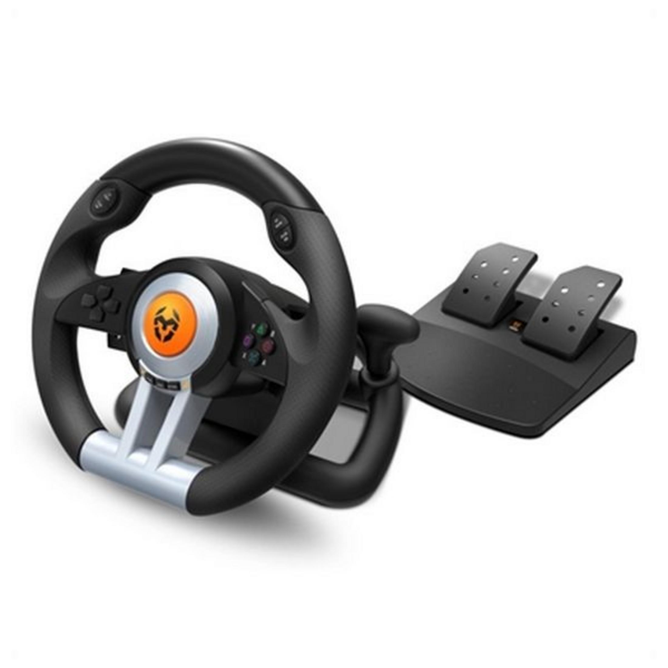 Un volante de carreras negro con pedales. Un emblema naranja está en el volante.