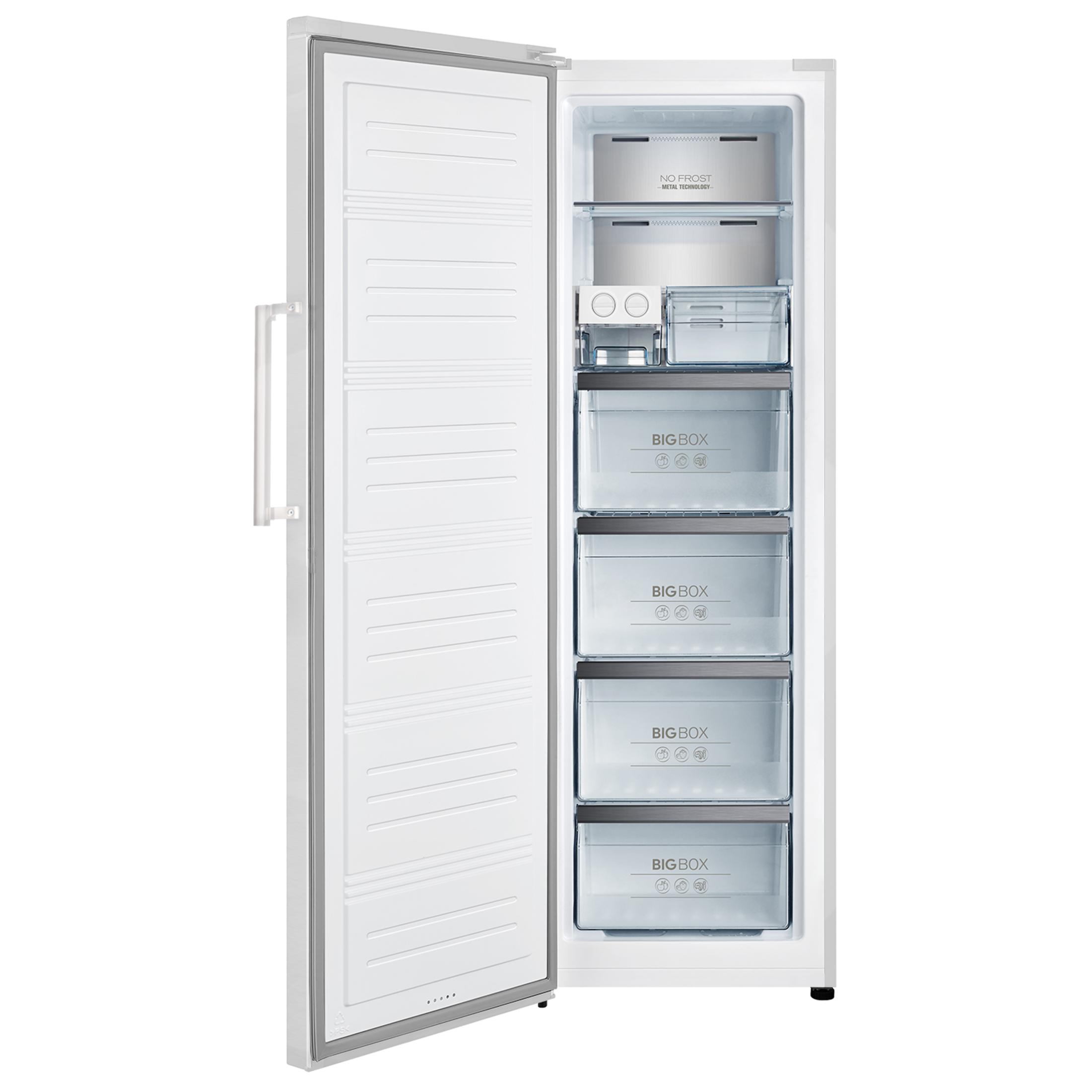 Un congelador blanco con la puerta abierta, mostrando cuatro cajones y tecnología No Frost.