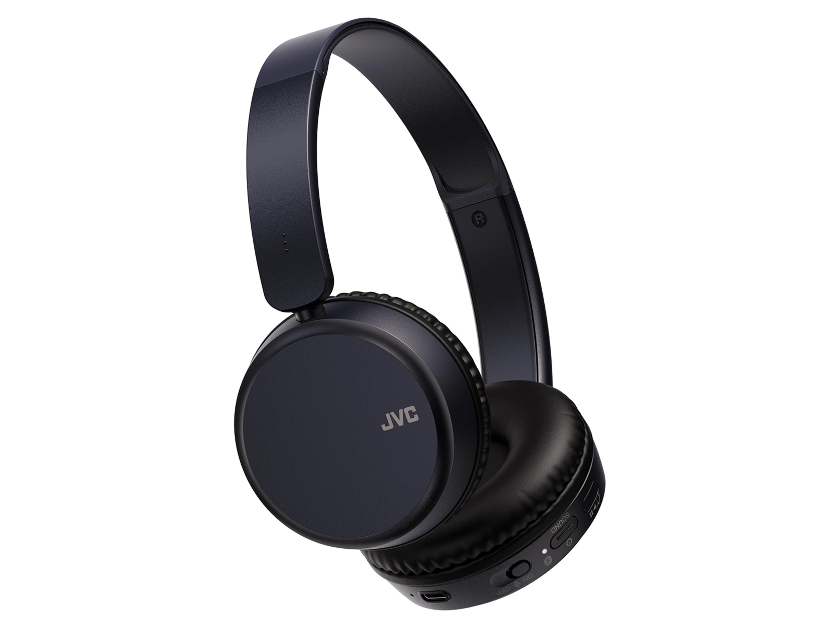 Cuffie JVC blu scuro con padiglioni e archetto imbottiti.
