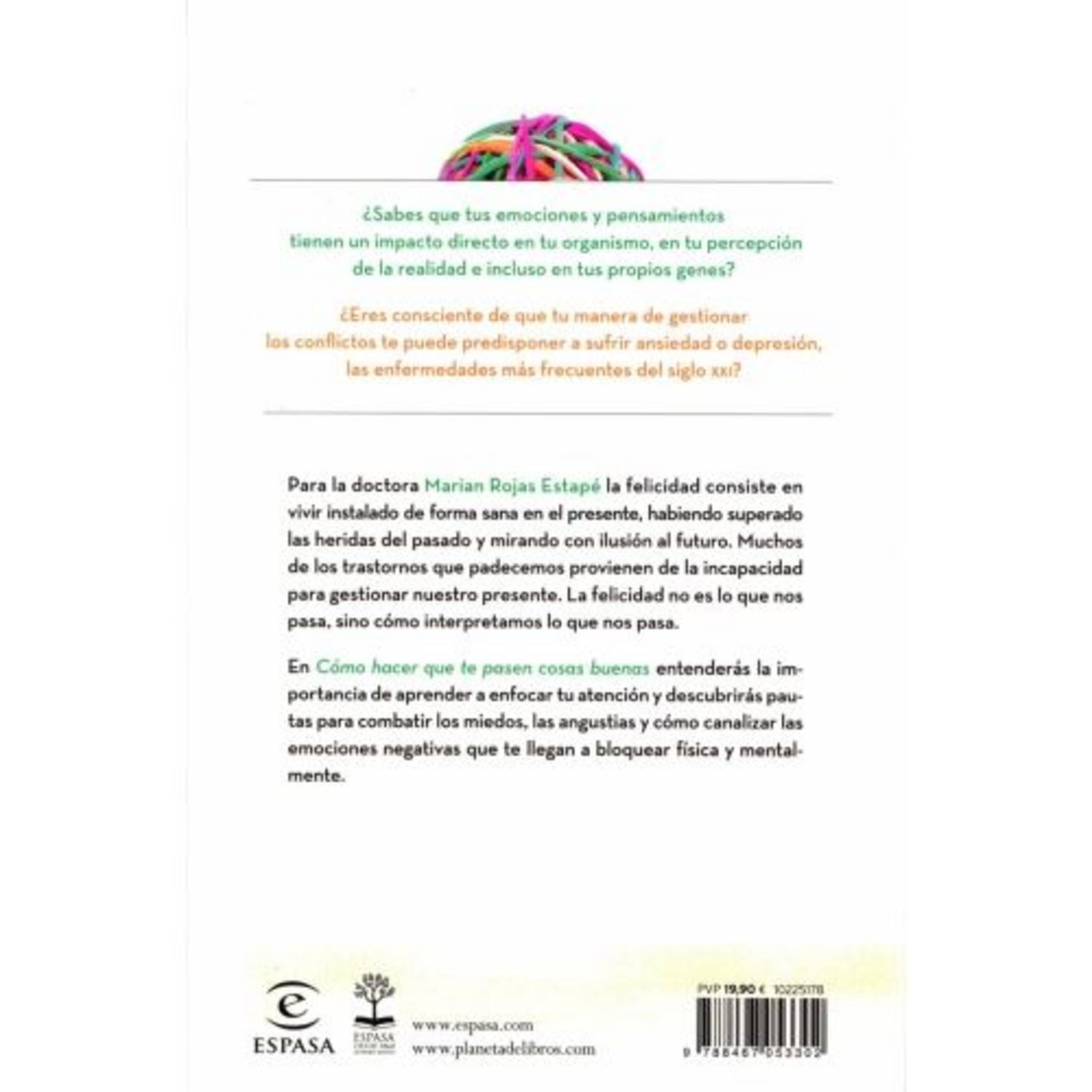 Lomo de libro con imagen de ovillo de lana y texto sobre emociones, pensamientos y felicidad.
