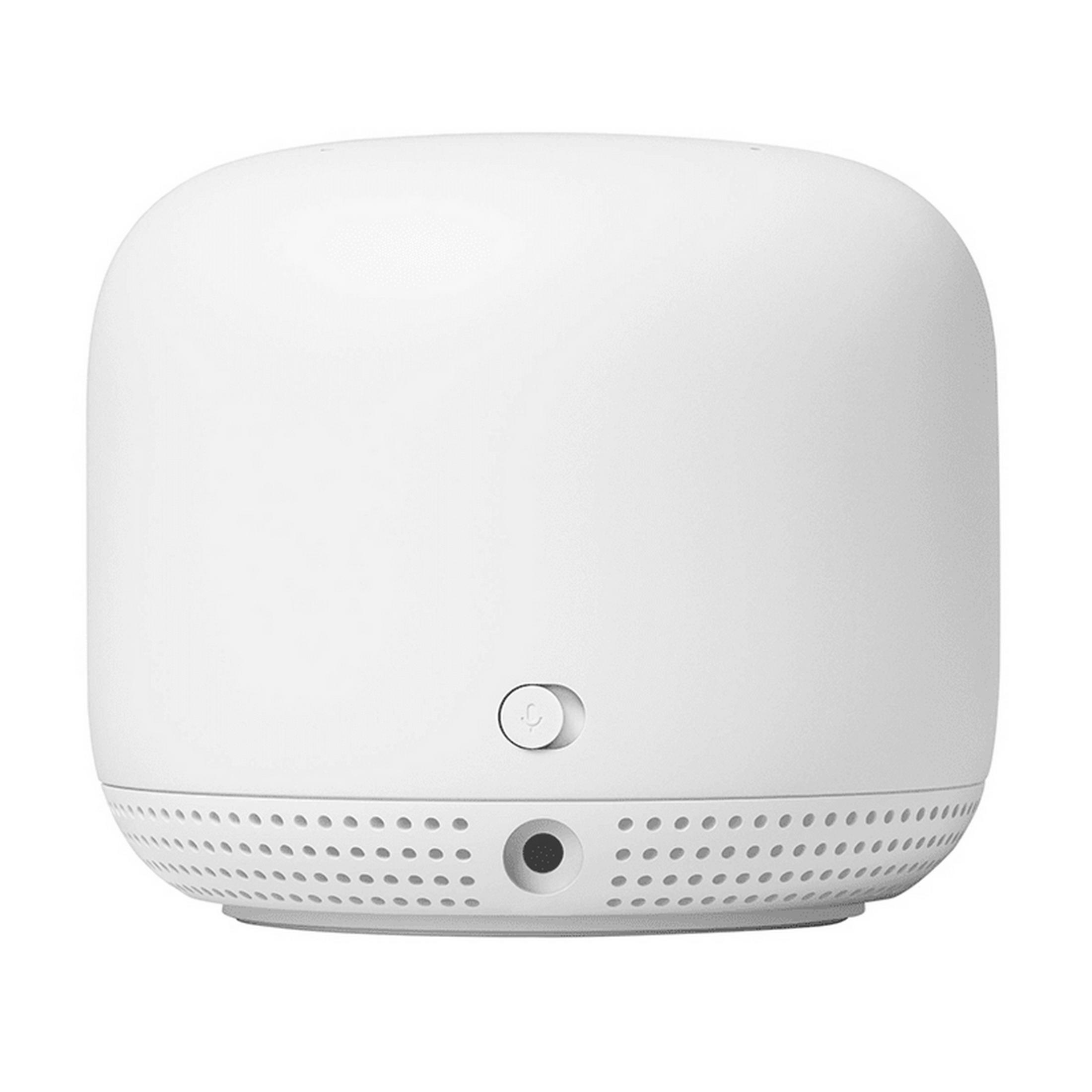 Biały, zaokrąglony router z okrągłą kratką i przyciskiem zasilania na górze.